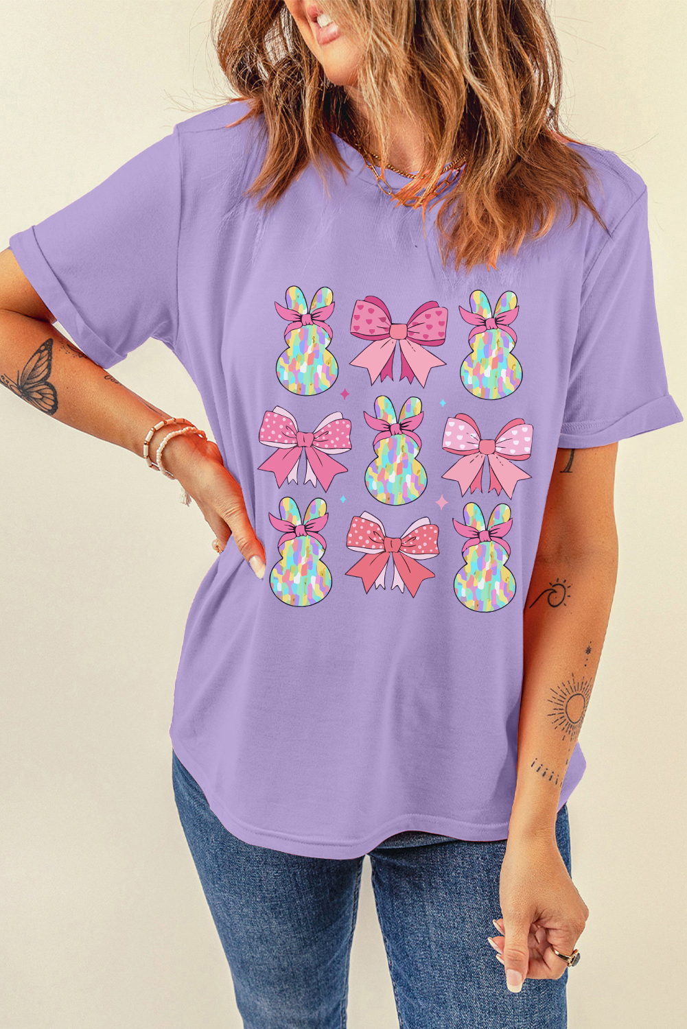 Wisteria Dotty Bowknot Bunny Graphic Crewneck Easter Fashion T Shirt - loveforevers