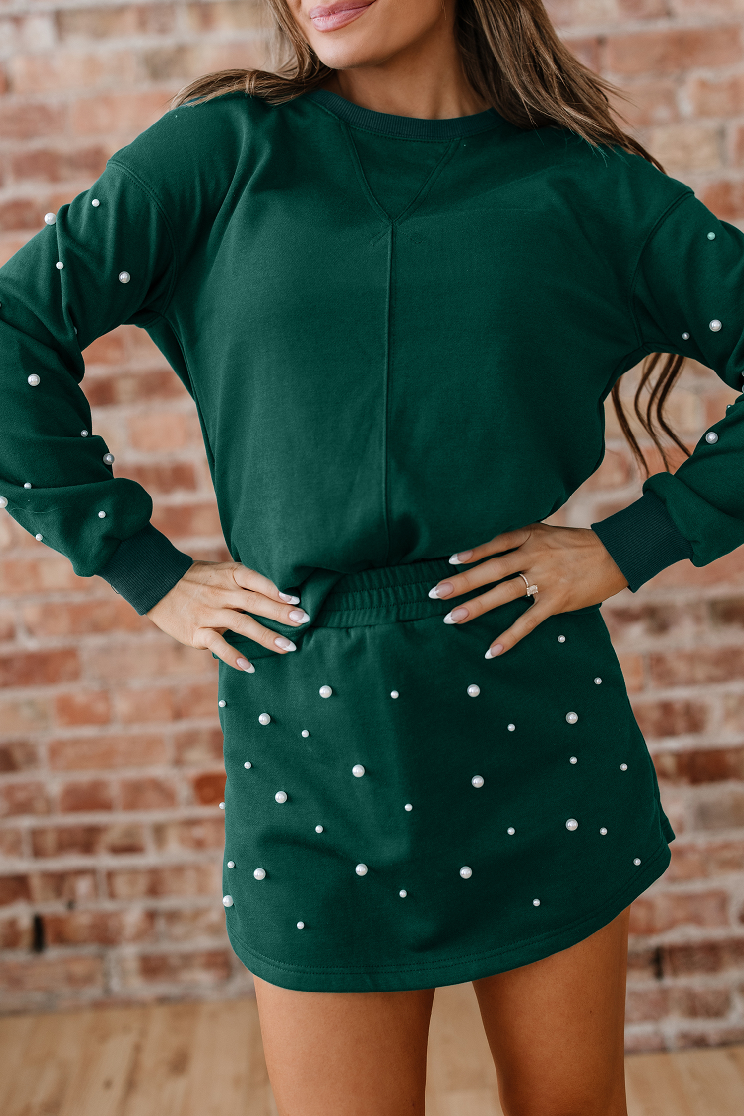 Dark Green Pearl Embellished Drop Shoulder Pullover Elastic Waist Mini Skirt Set - loveforevers