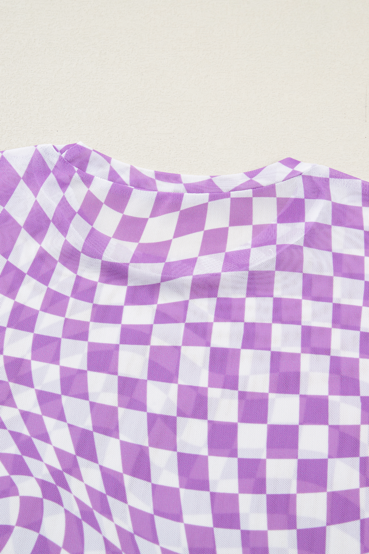 Purple Checkered Print Mock Neck Mesh T Shirt - loveforevers