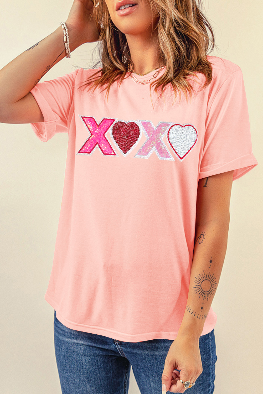 Pink Sequin Heart XOXO Patched Graphic Valentines T Shirt - loveforevers