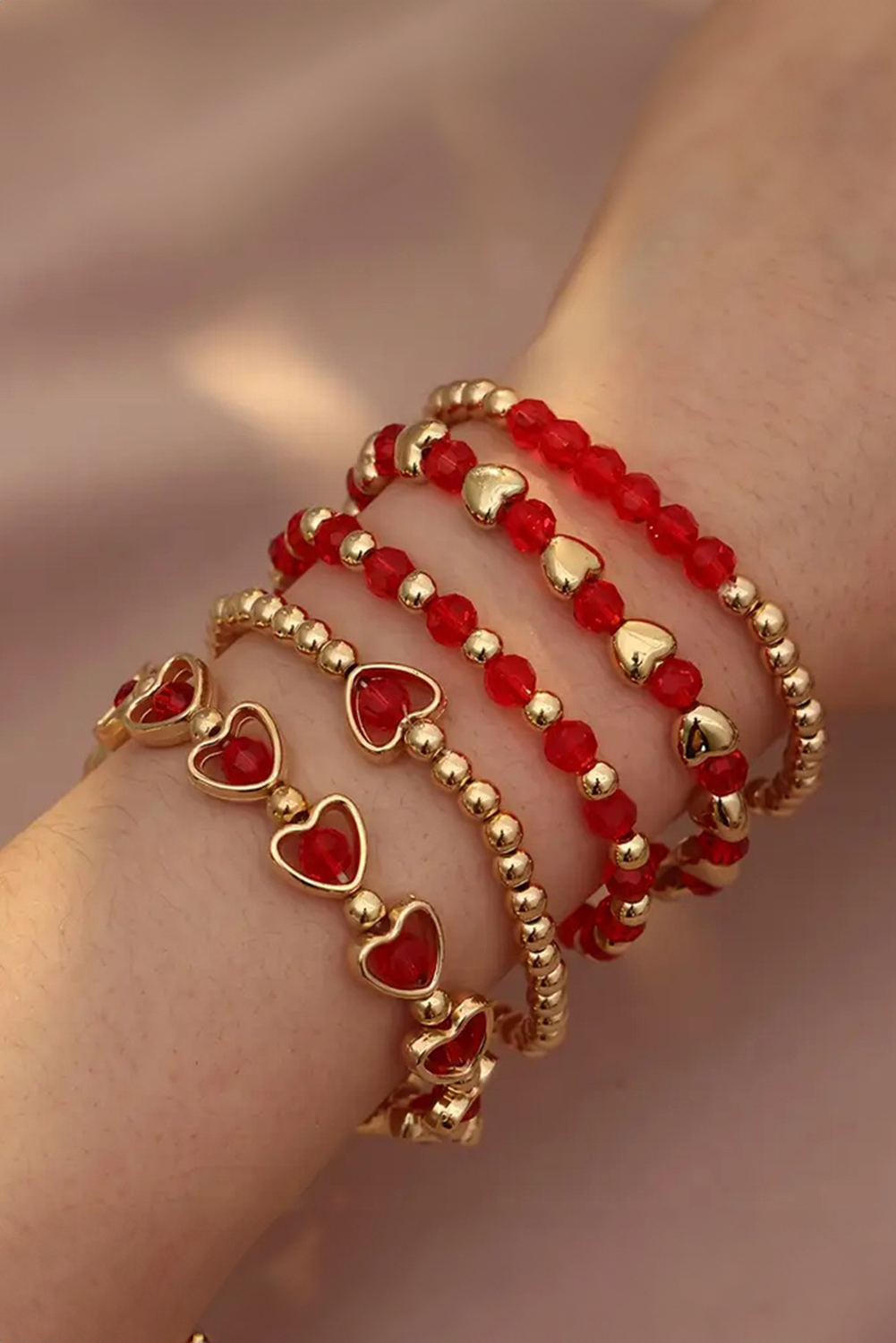 Fiery Red Heart Shape Plated Beaded Elastic Bracelet Set - loveforevers