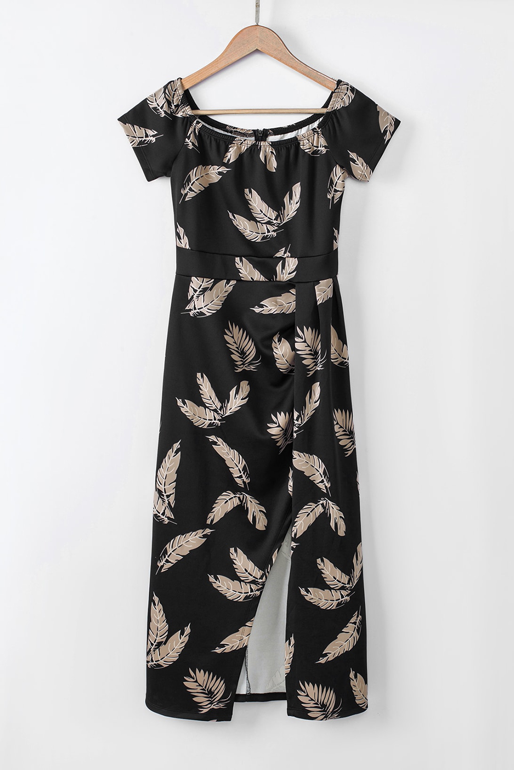 Black Pattern Print Off Shoulder Slit Bodycon Midi Dress - loveforevers