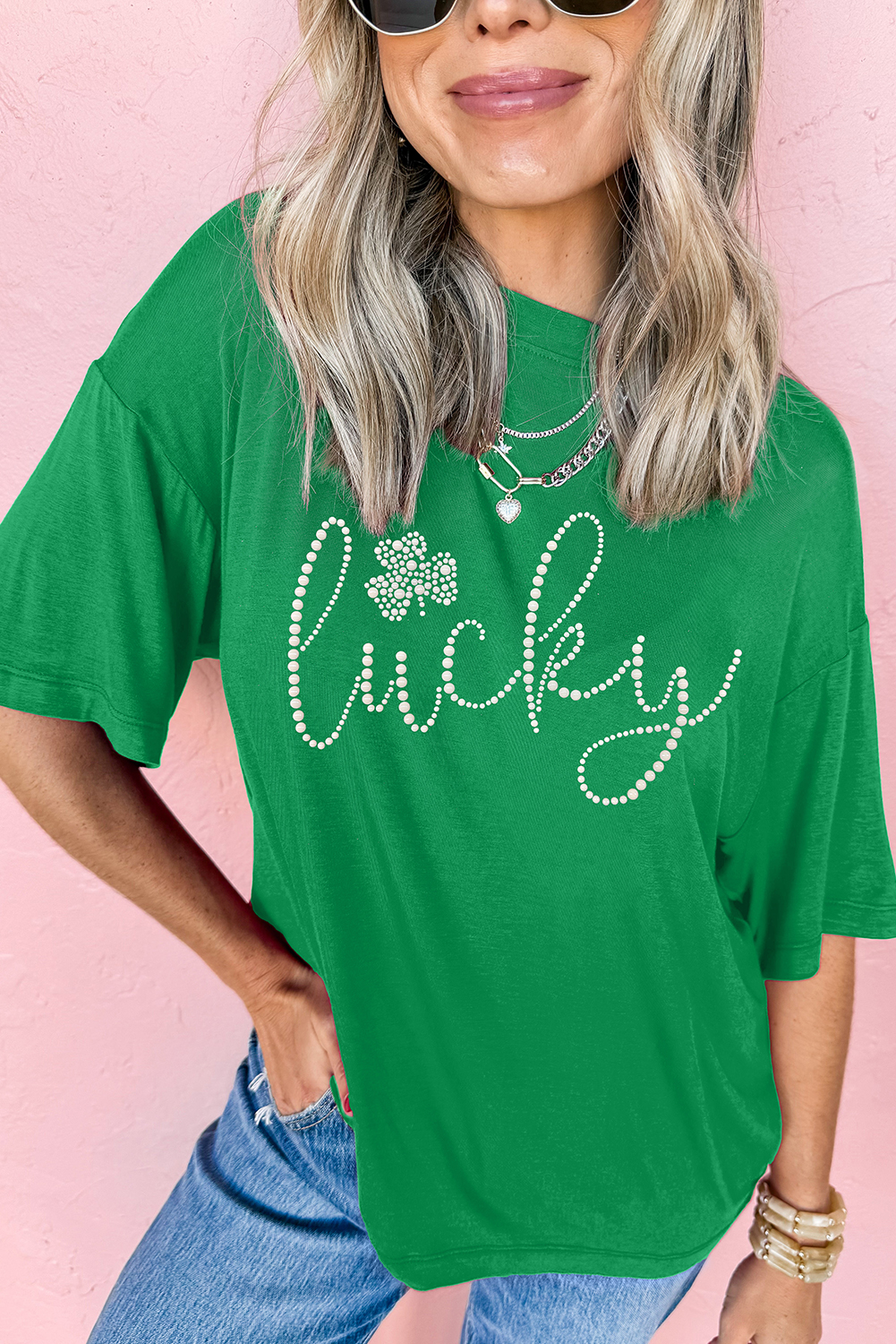 Bright Green Ceramic Rhinestone Lucky Clover Graphic Tee - loveforevers