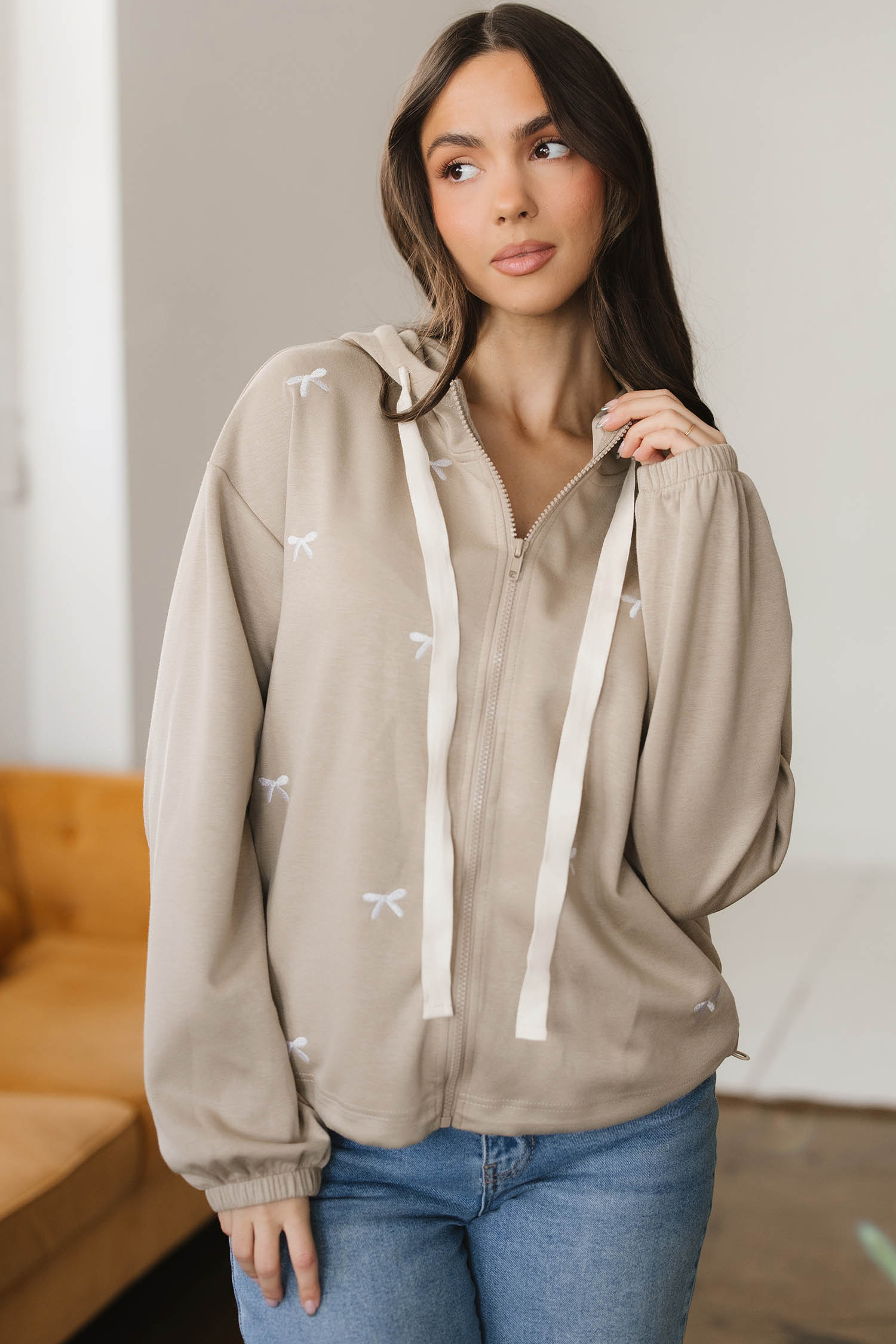 Goat Contrast Bow Embroidered Zip Up Jacket Hoodie - loveforevers