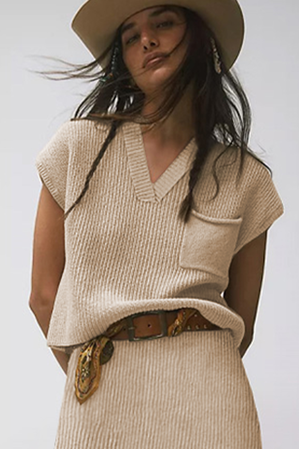 Apricot Chest Pocket V Neck Ribbed Cap Sleeve Sweater - loveforevers