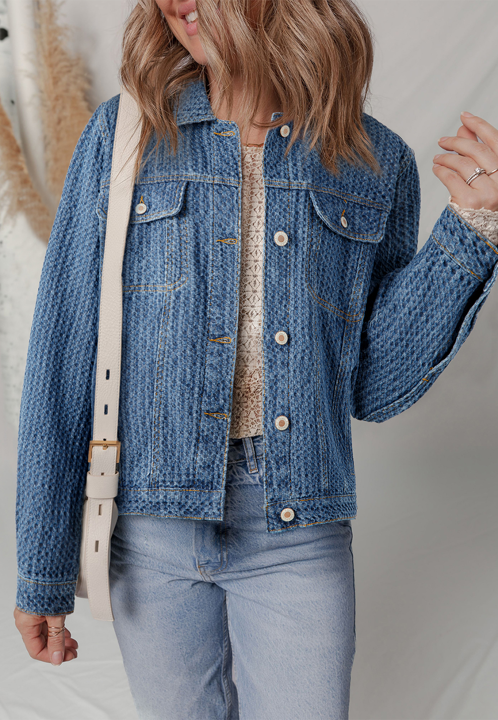 Blue Double Flap Pocket Denim Textured Button Down Jacket - loveforevers