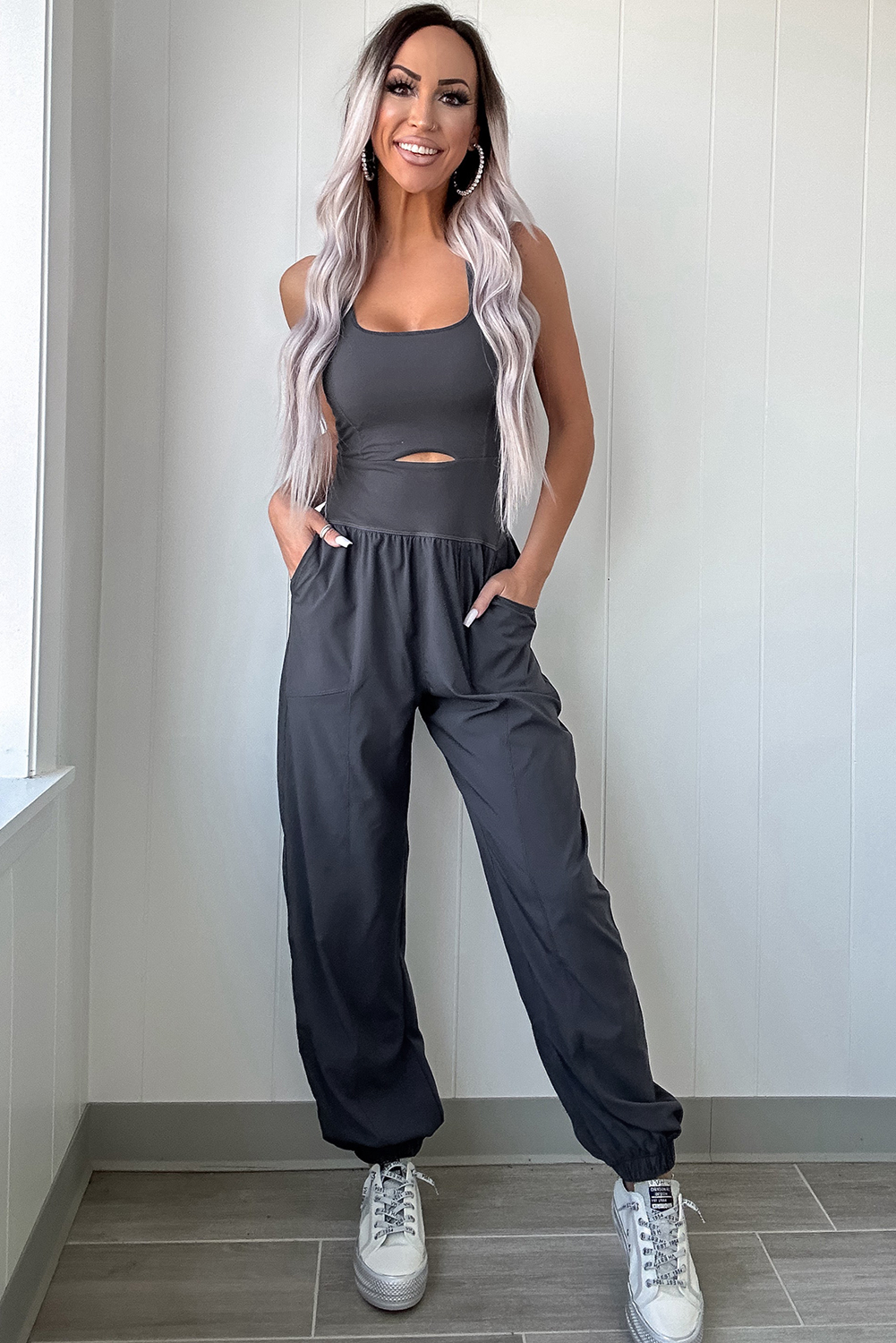 Carbon Grey Back Crossed Straps Hollow Out Jogger Jumpsuit - loveforevers