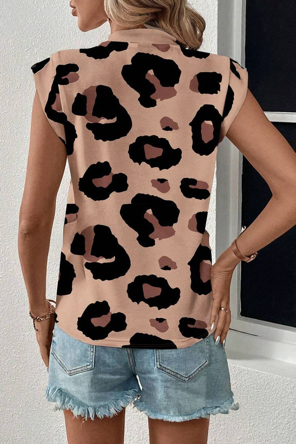 Khaki Leopard Crew Neck Cap Sleeve Casual Tee - loveforevers