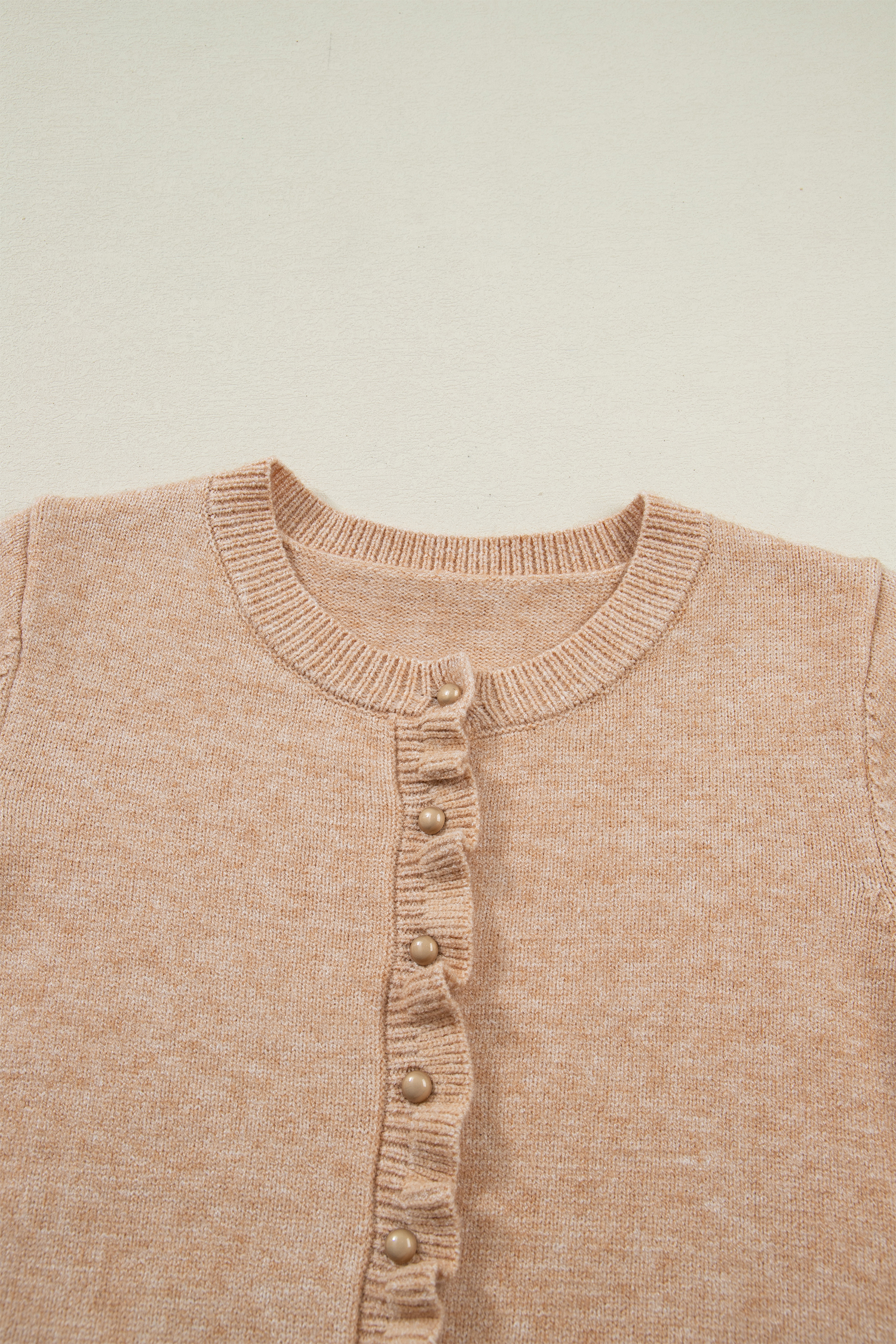 Oatmeal Ruffle Trim Gold Button Sweater Cardigan - loveforevers