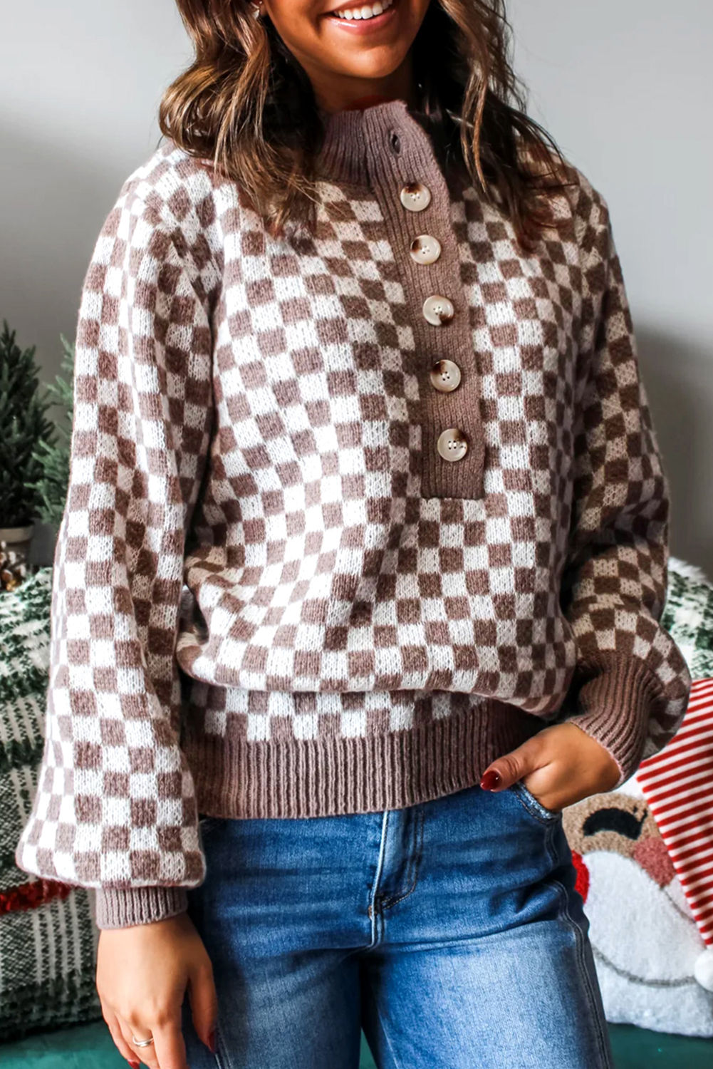 Dark Brown Half Button Ribbed Trim Checkerboard Knit Sweater - loveforevers
