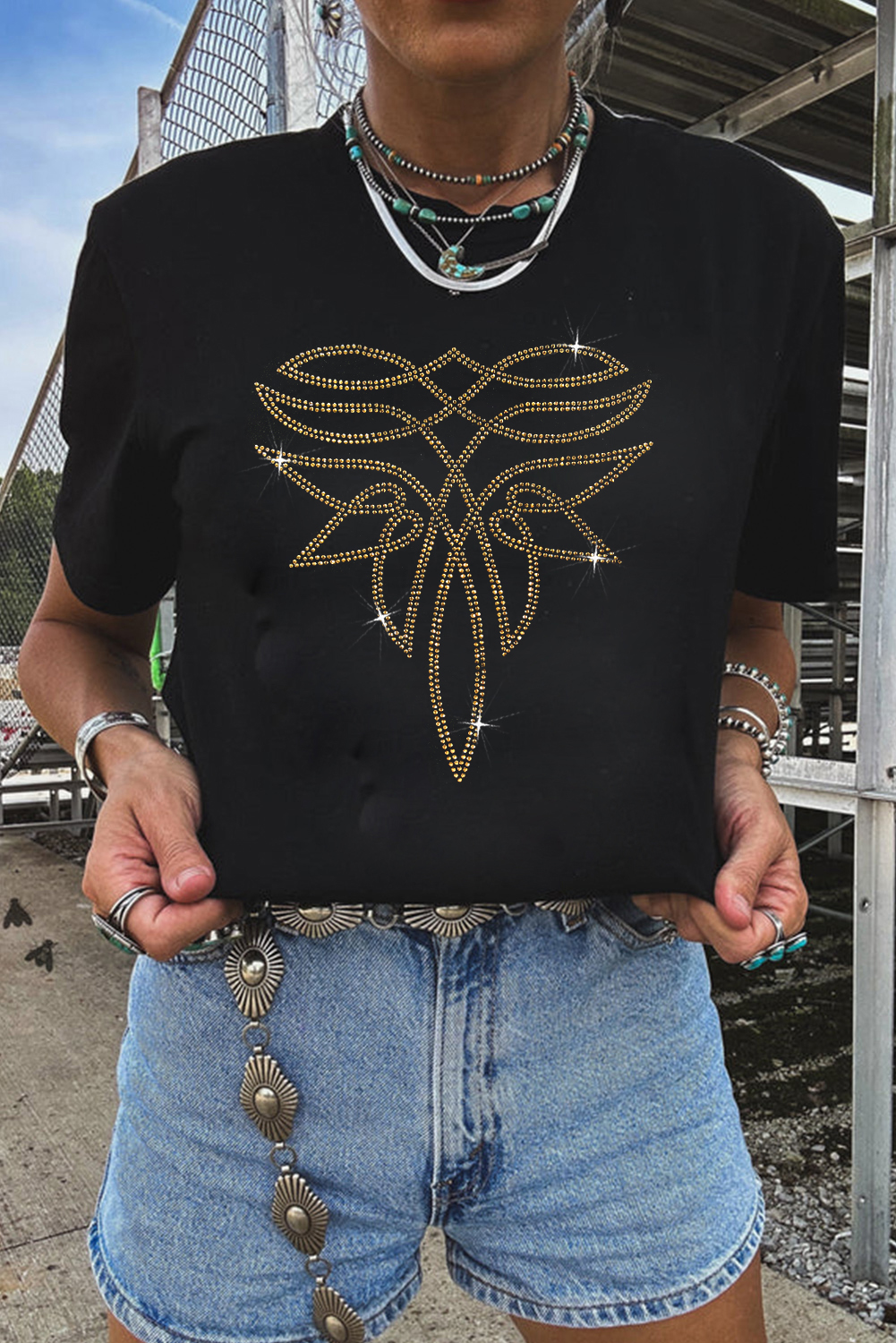 Black Rhinestone Western Pattern Cotton Blend Graphic T Shirt - loveforevers