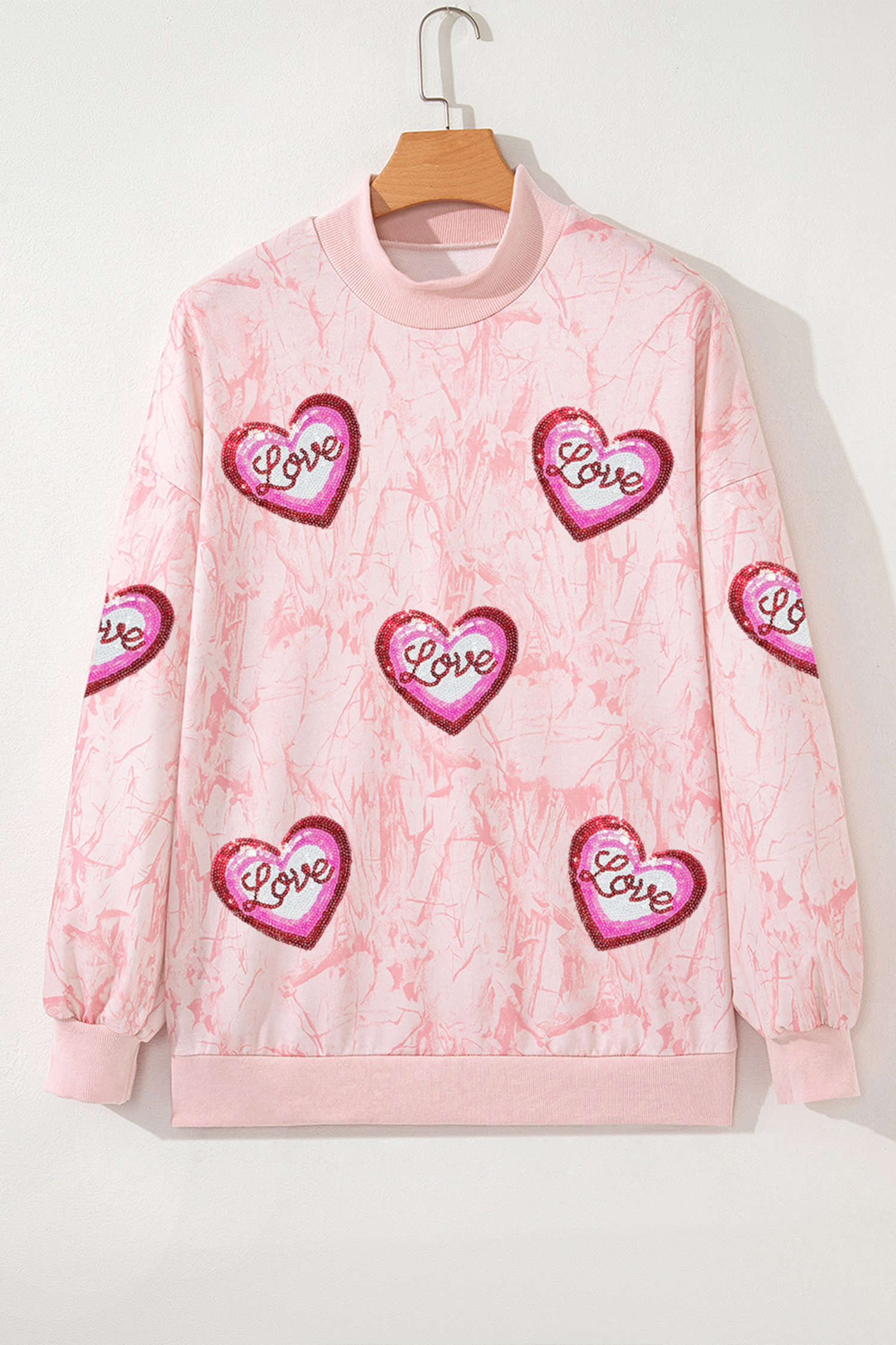 Pink Tie Dye Camo Sequin Love Heart Patched Mock Neck Sweatshirt - loveforevers
