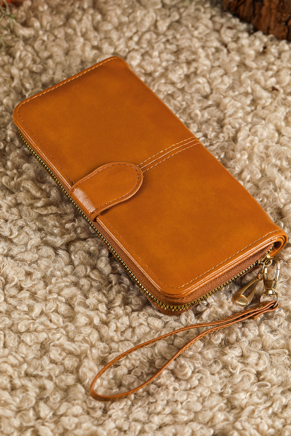 Cinnamon Faux Leather Zip Around Wrist Strap Long Wallet - loveforevers