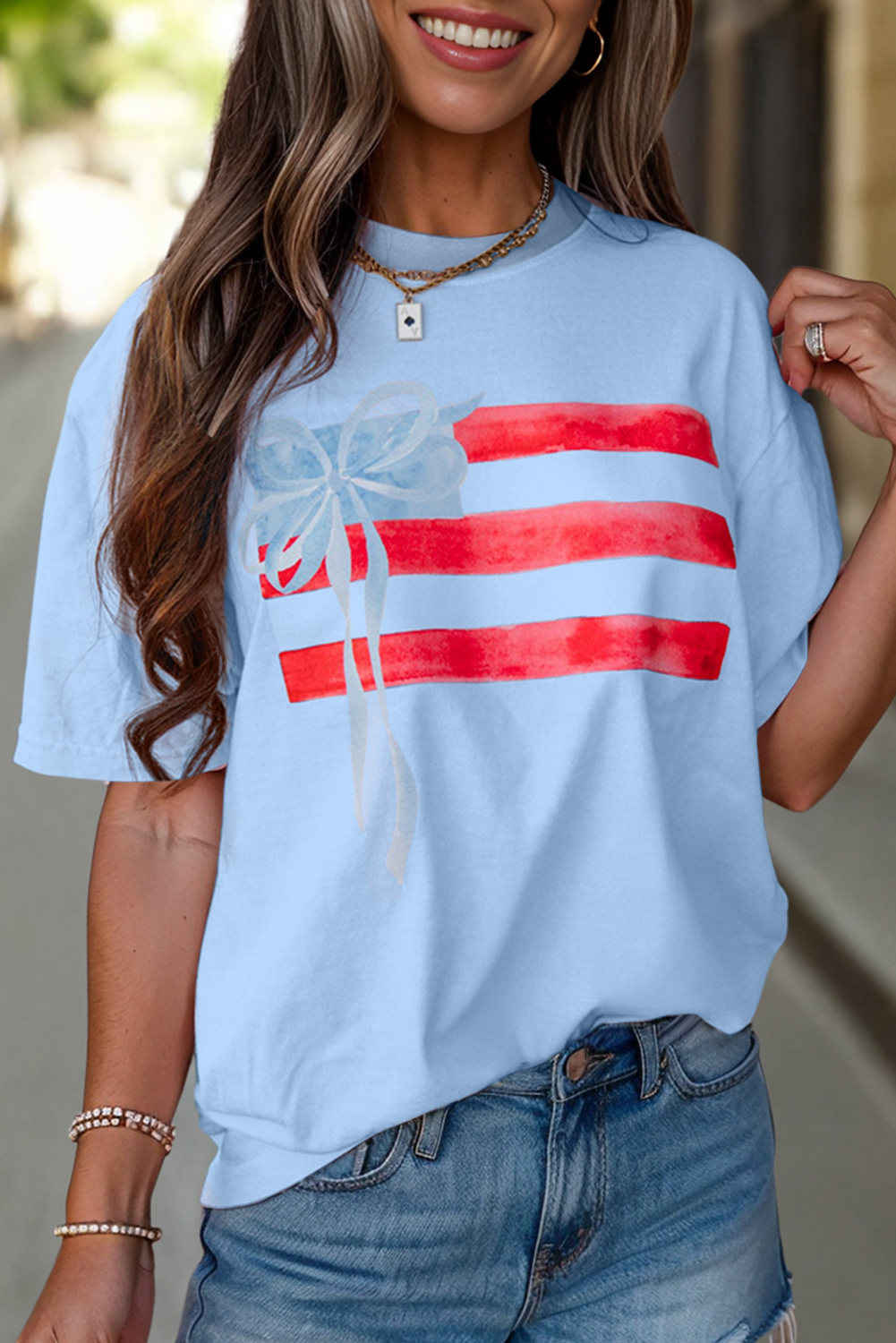 Myosotis Flag Bow Graphic Crewneck Tee - loveforevers