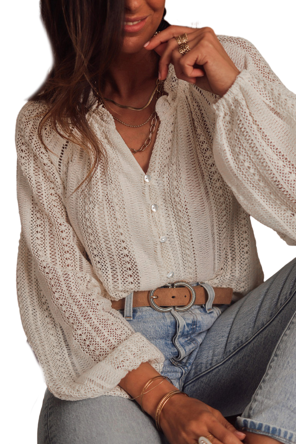 White Lace Hollow out Puff Sleeve Button up Shirt - loveforevers