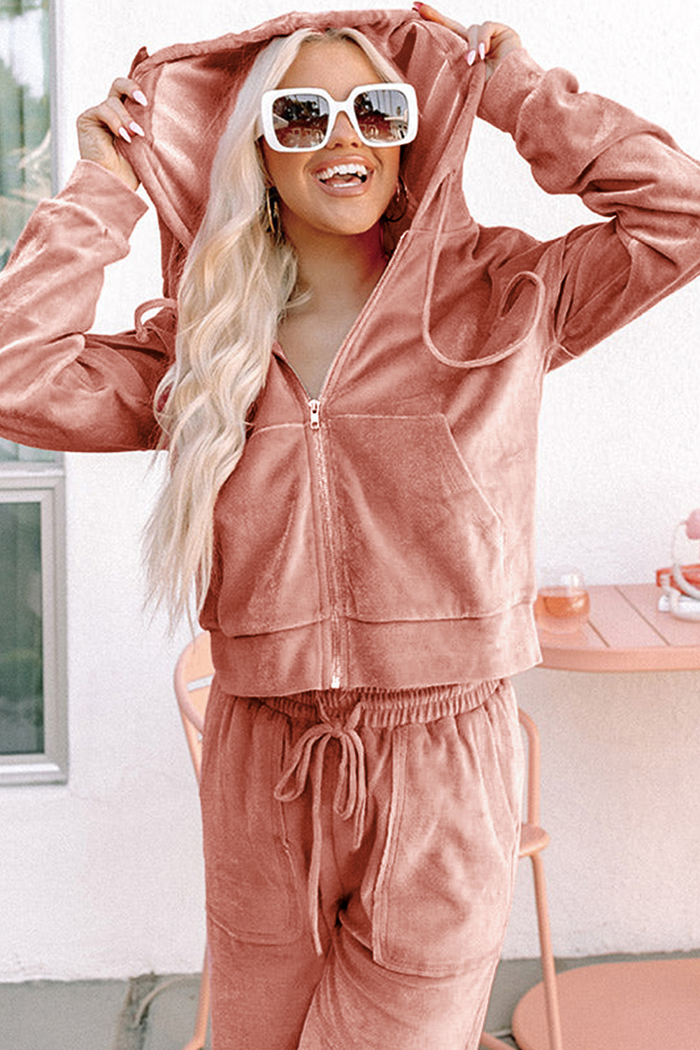 Peach Blossom Velvet Zip-up Hoodie and Wide Leg Pants Set - loveforevers