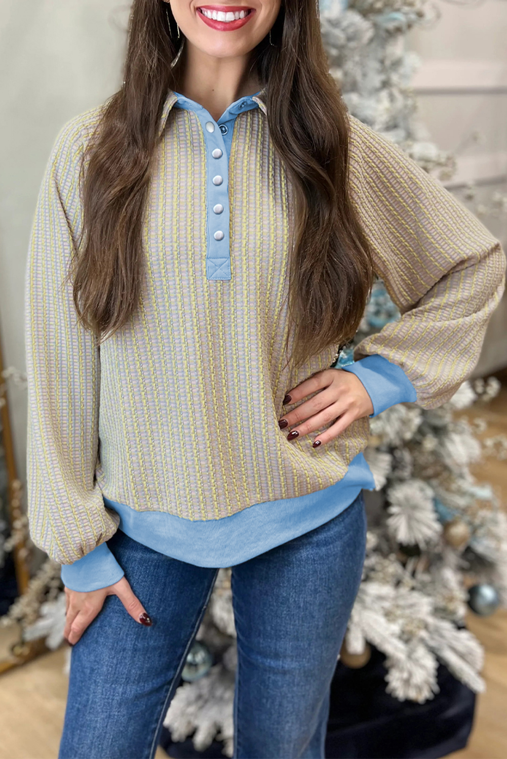 Beau Blue Button Front Jacquard Henley Sweatshirt - loveforevers