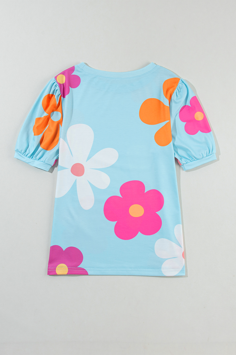 Sky Blue Flower Print Bubble Sleeve Tee - loveforevers