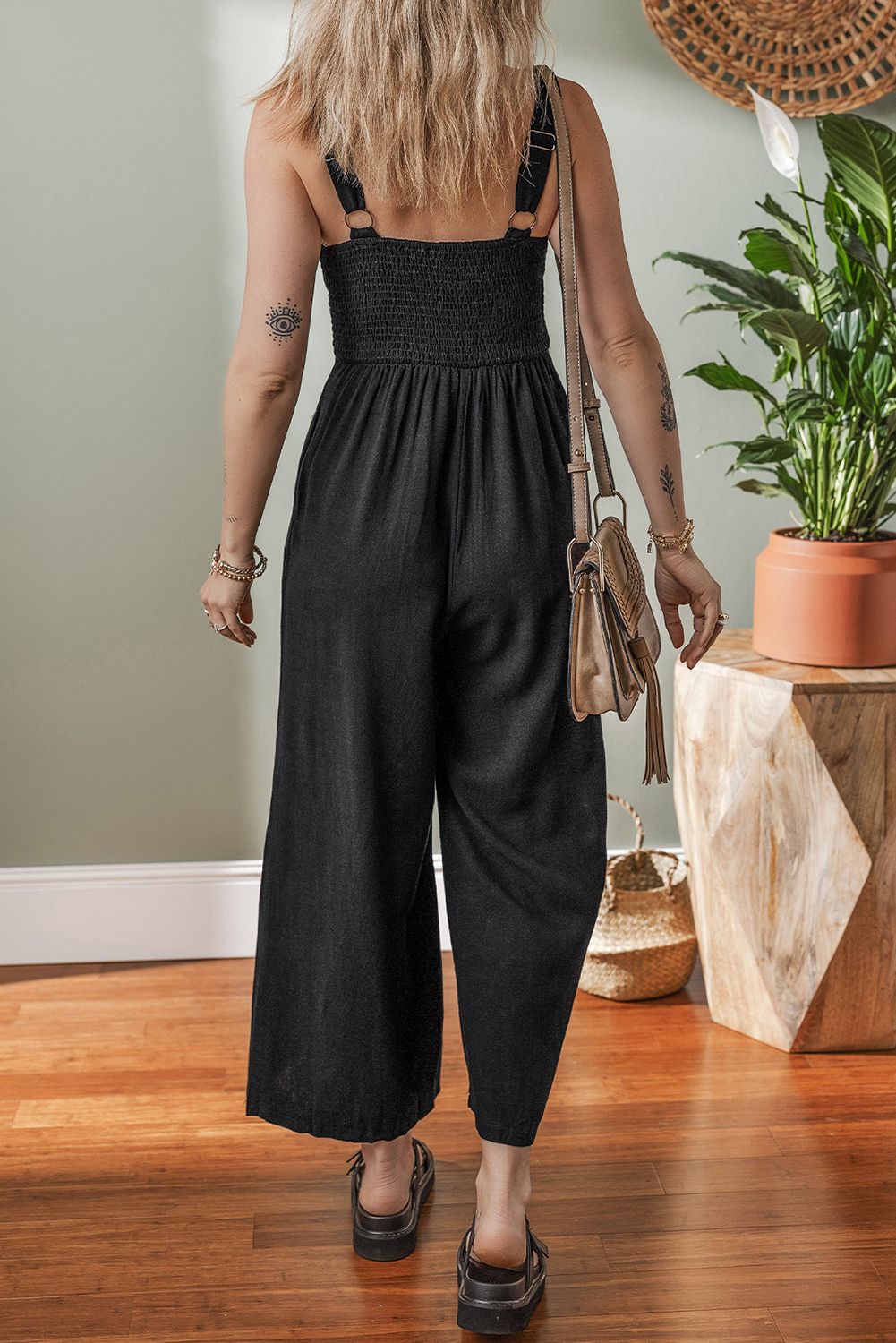 Black Front Cut Out Smocked Back Sleeveless Wide Leg Jumpsuit - loveforevers