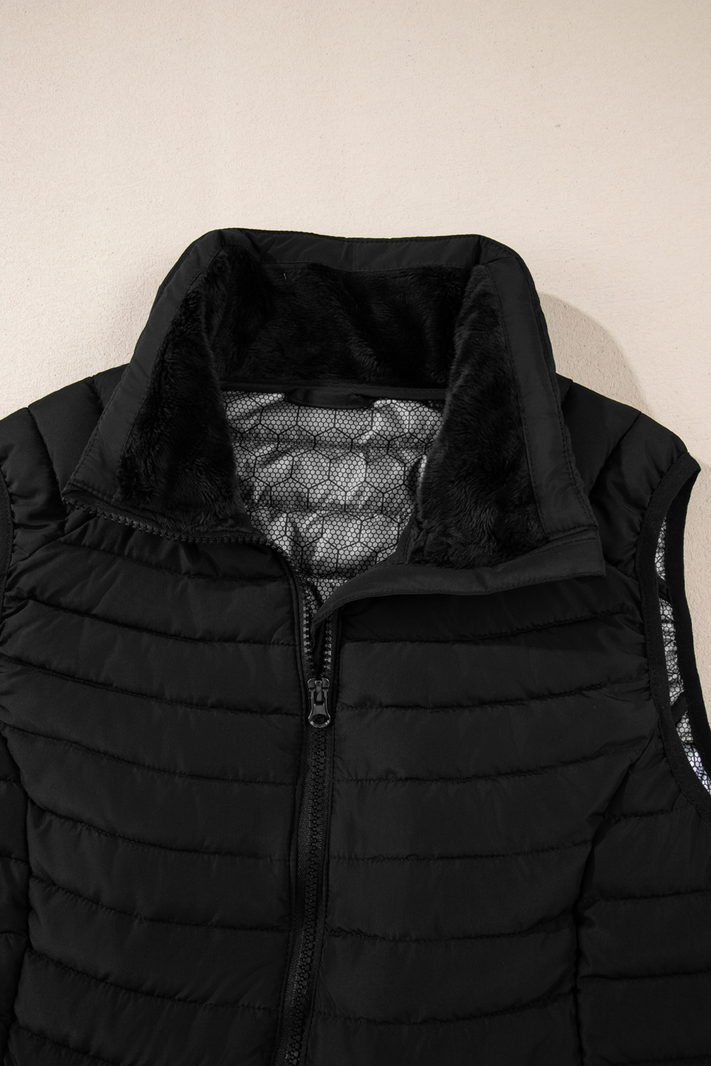 Silvery Plush Collared Quilted Zipped Puffer Vest - loveforevers