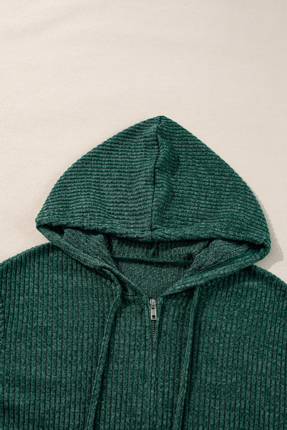 Dark Grey Ribbed Zip Up Front Drawstring Hoodie - loveforevers