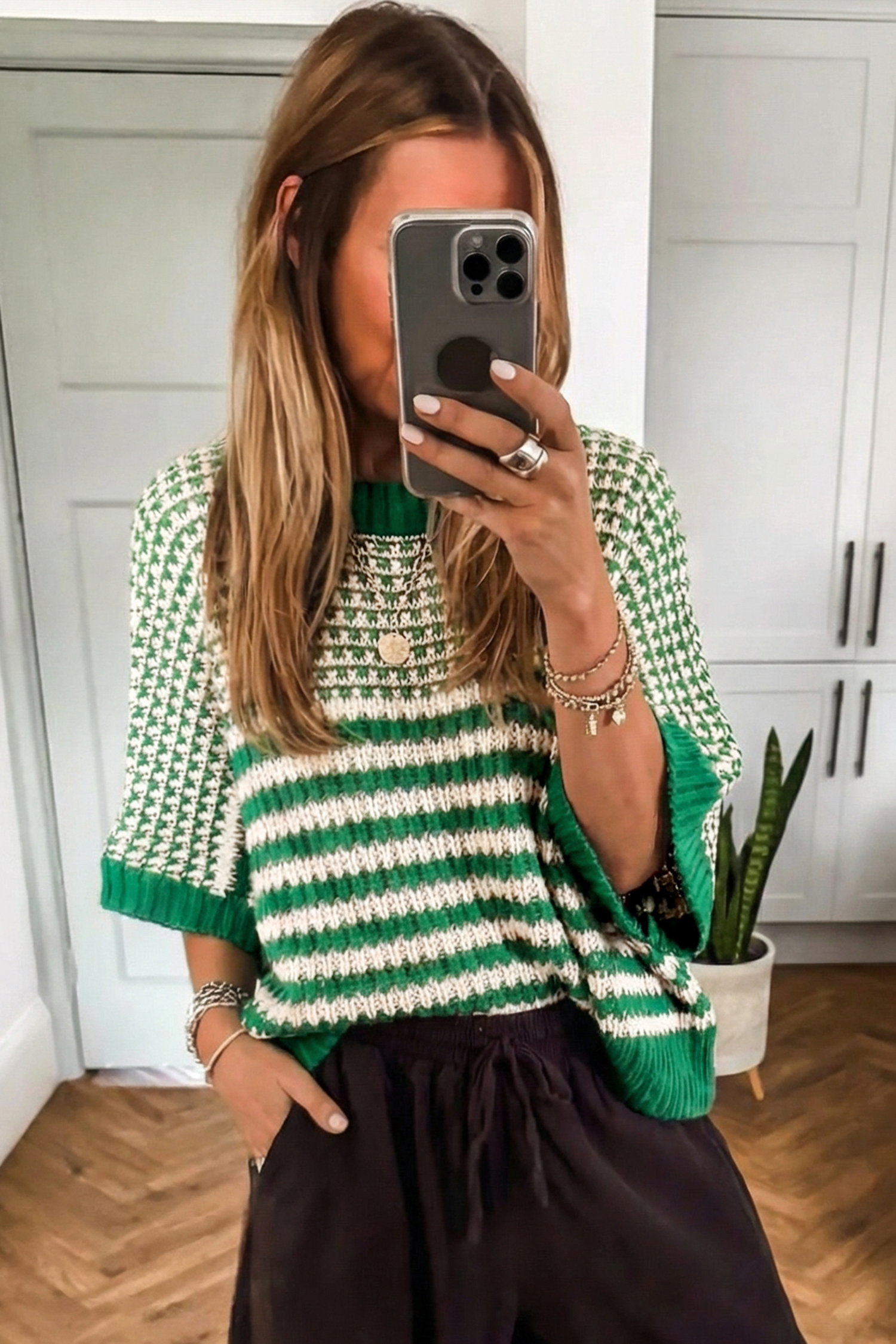Black Stripe 3/4 Draped Sleeve Slouchy Sweater - loveforevers