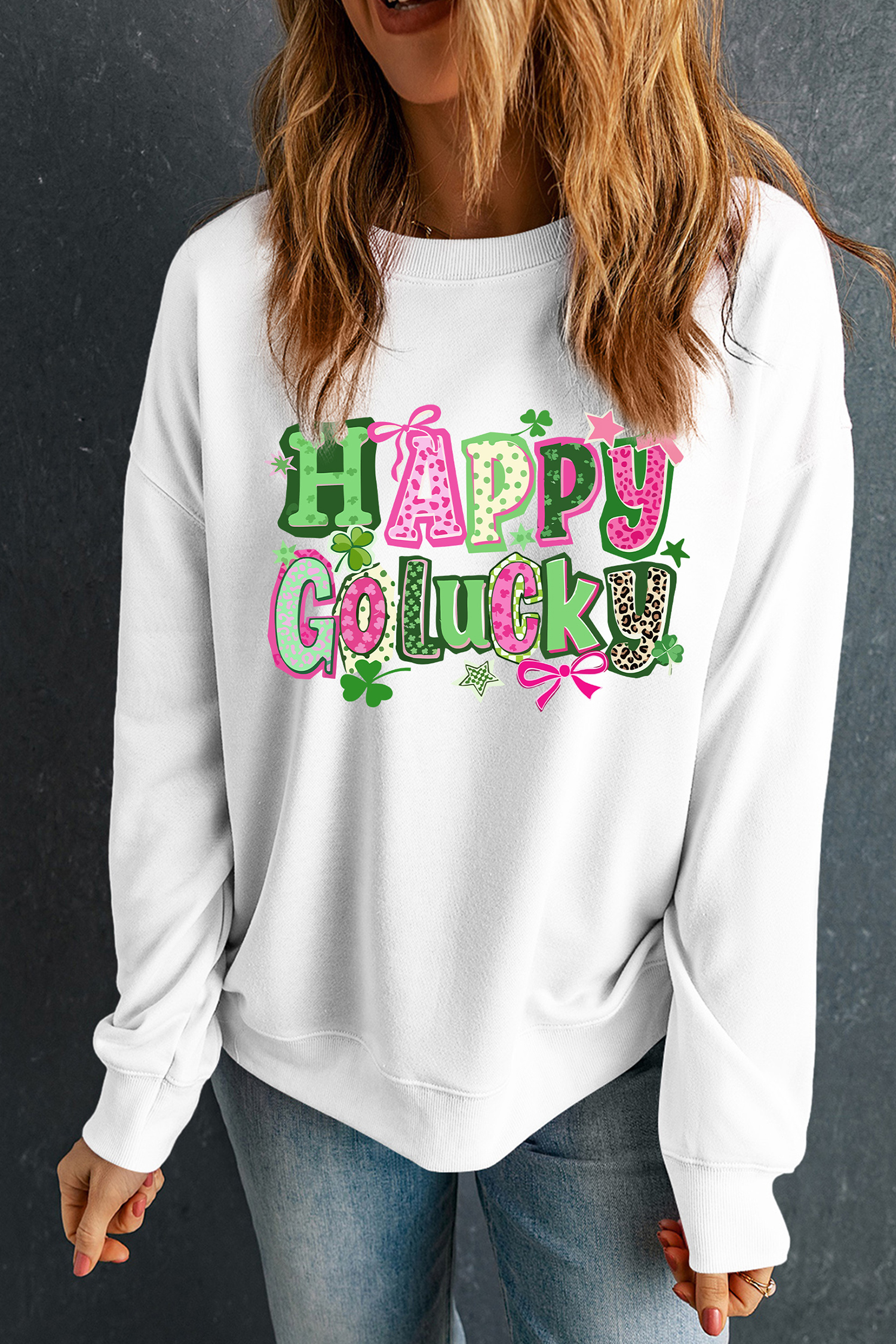 White HAPPY GO LUCKY Playful Letter Print Sweatshirt - loveforevers