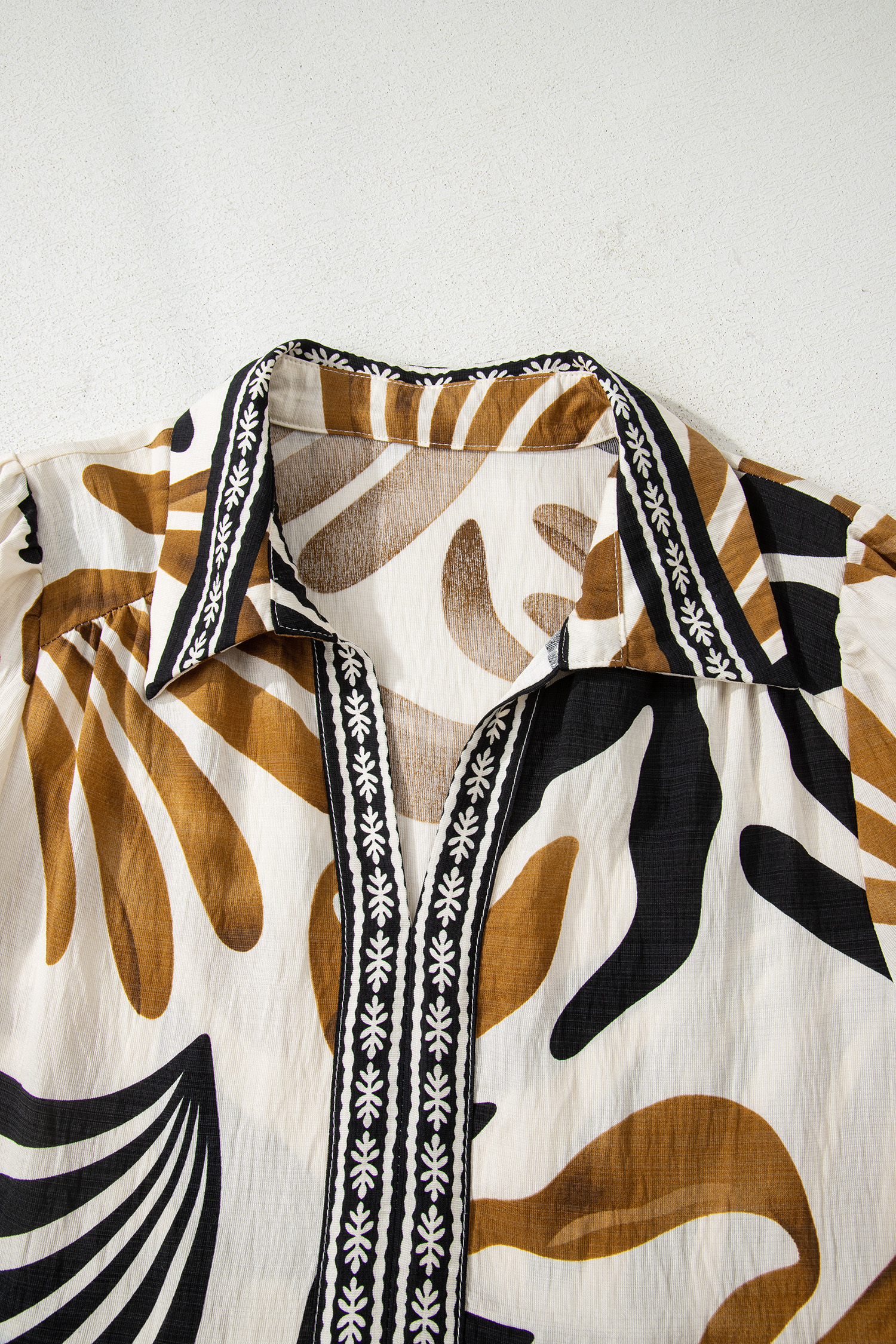 Brown Tropical Printed Contrast Trim Neck Long Sleeve Ruffle Hem Dress - loveforevers