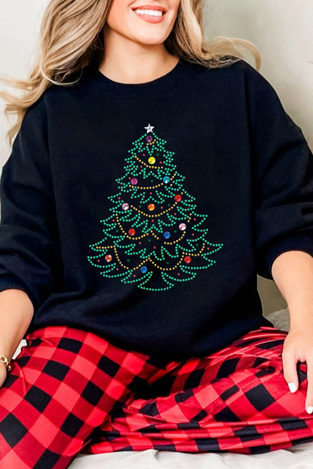 Black Rhinestone Christmas Tree Graphic Pullover Sweatshirt - loveforevers