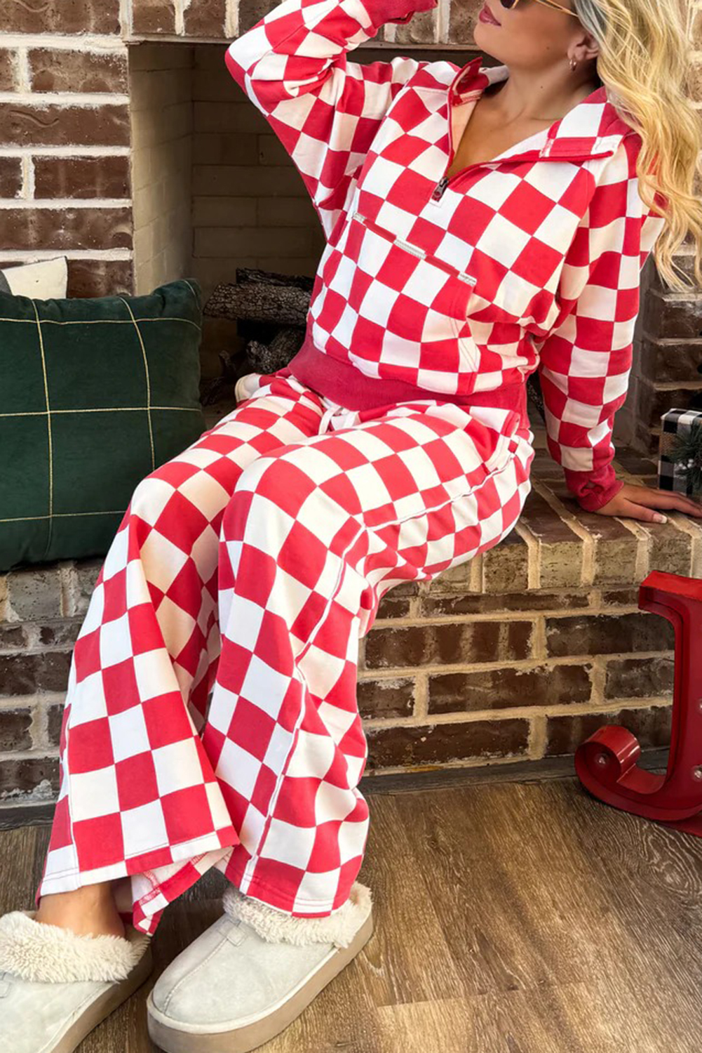Red Checkered Print Half Zip Hoodie Loose Pant Set - loveforevers