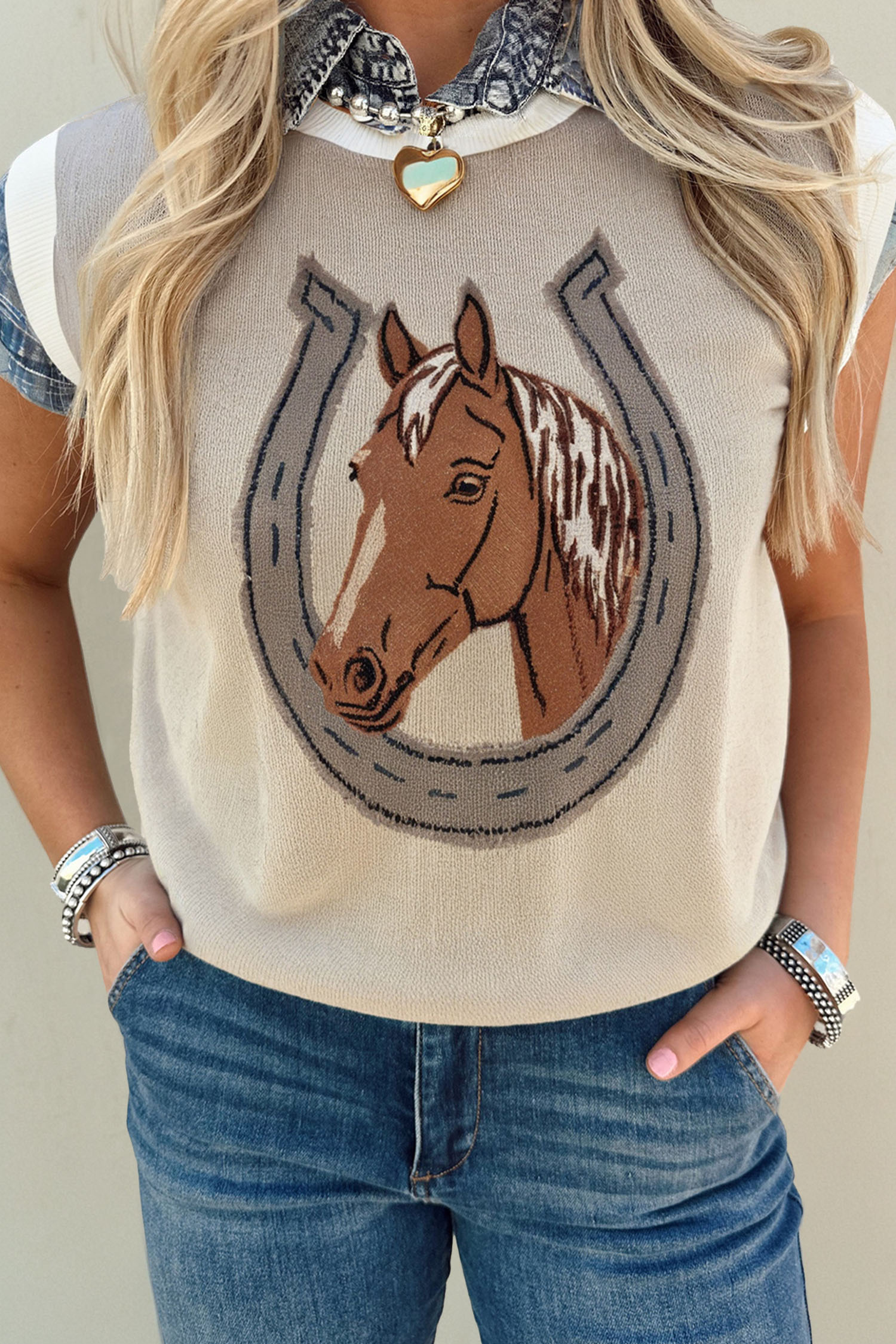 Parchment Horse Shoe Print Color Block Trim Round Neck Sleeveless Sweater - loveforevers