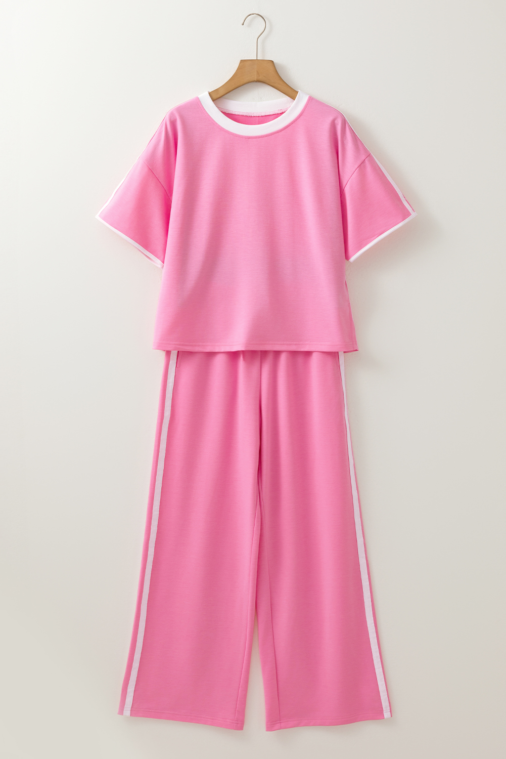Sachet Pink Varsity Stripe Detail Casual Tee and Pants Leisure 2pcs Set - loveforevers