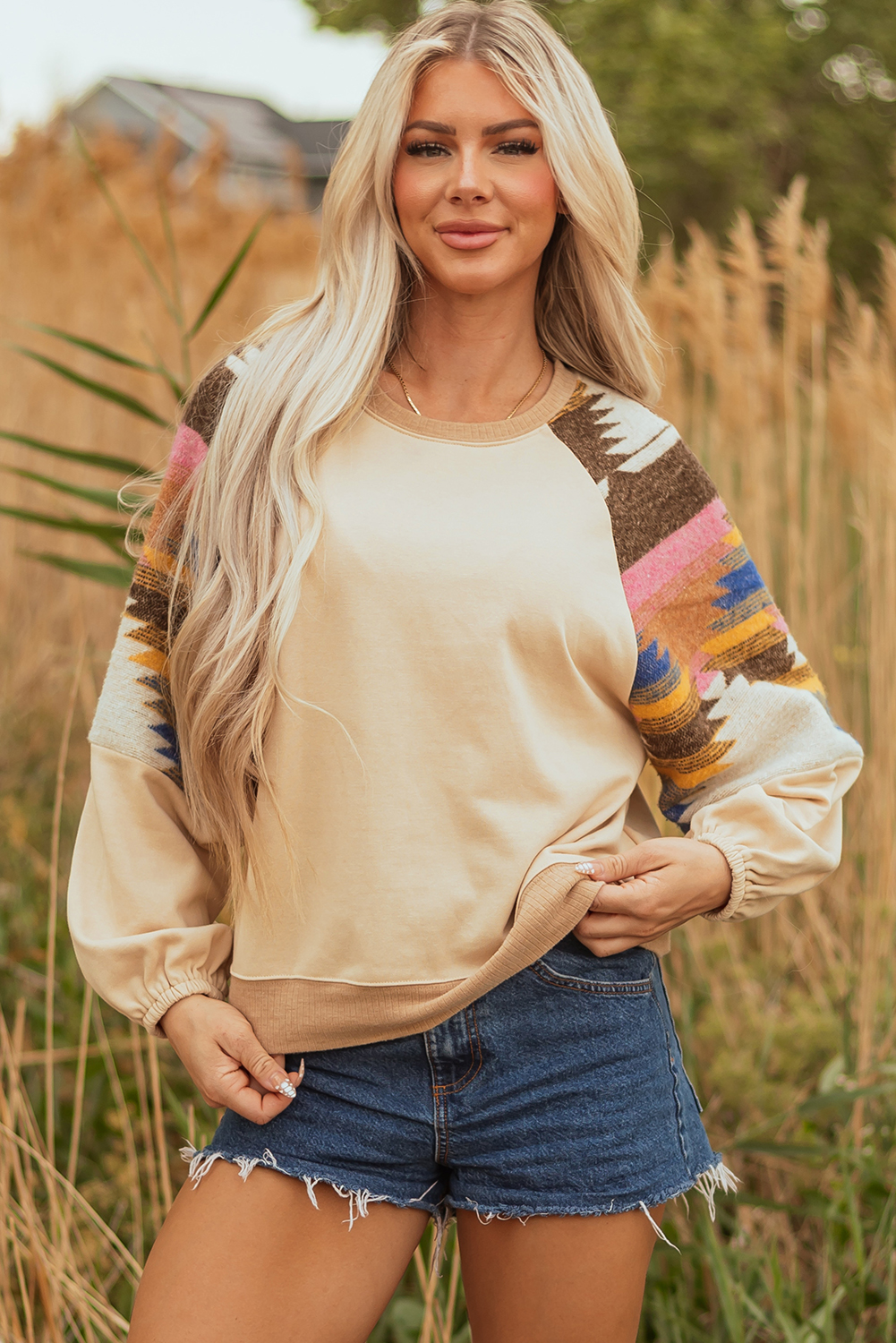 Light French Beige Aztec Patchwork Raglan Pullover Sweatshirt - loveforevers