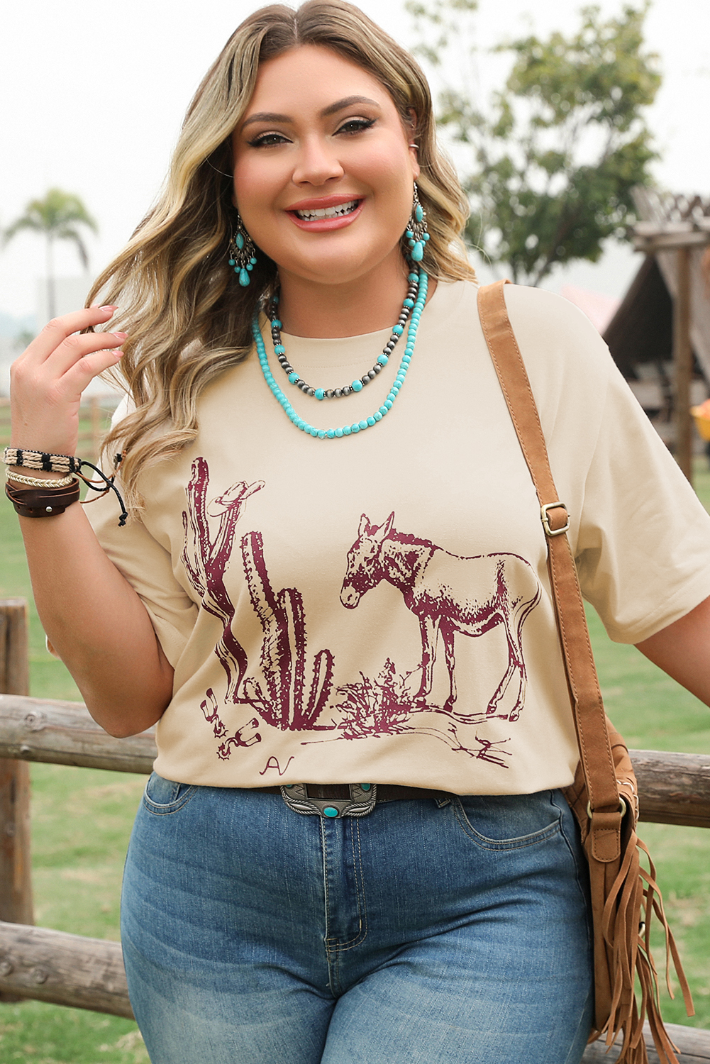 Parchment  Western Burro Cactus Crew Neck Graphic Tee - loveforevers