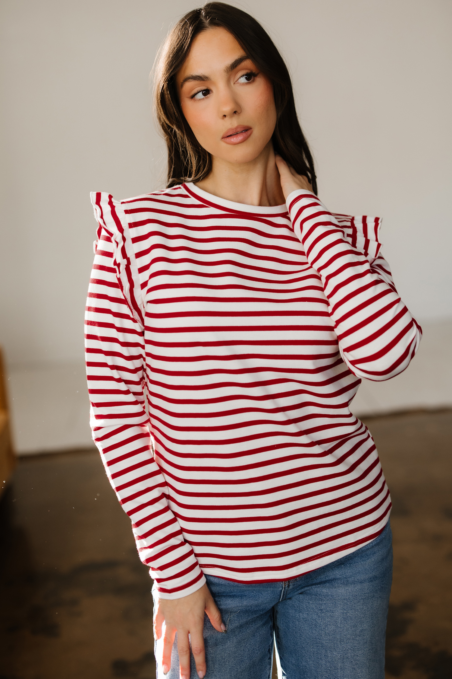Red Stripe Round Neck Ruffle Trim Long Sleeve Top - loveforevers