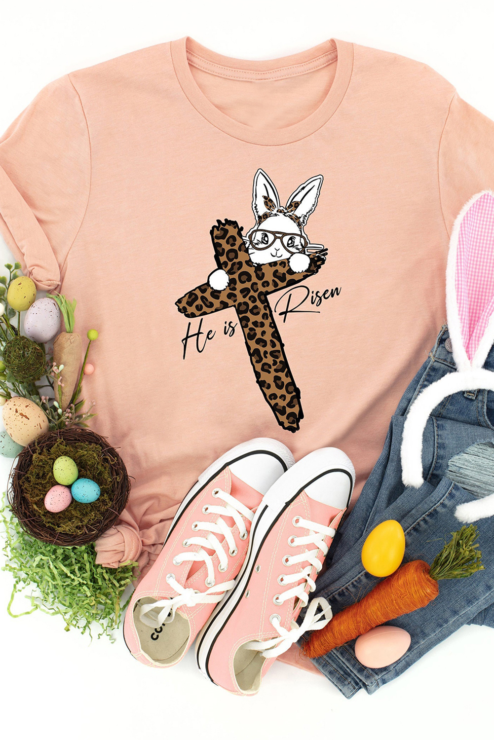 Pink He is Risen Easter Bunny Leopard Cross Graphic Tee - loveforevers