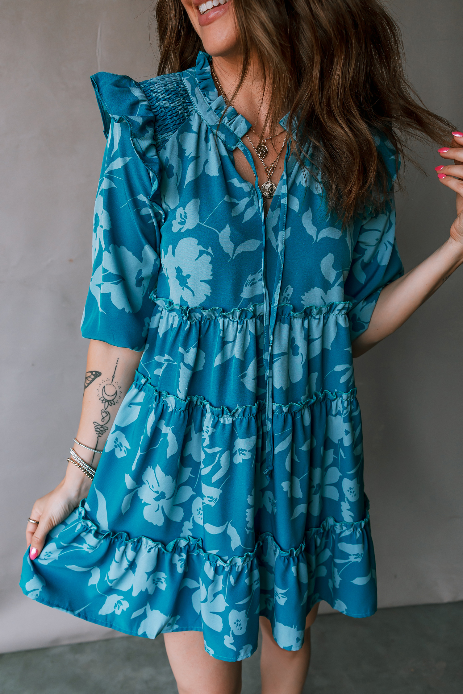 Blue Flower Half Sleeve Tiered Ruffled Mini Dress - loveforevers