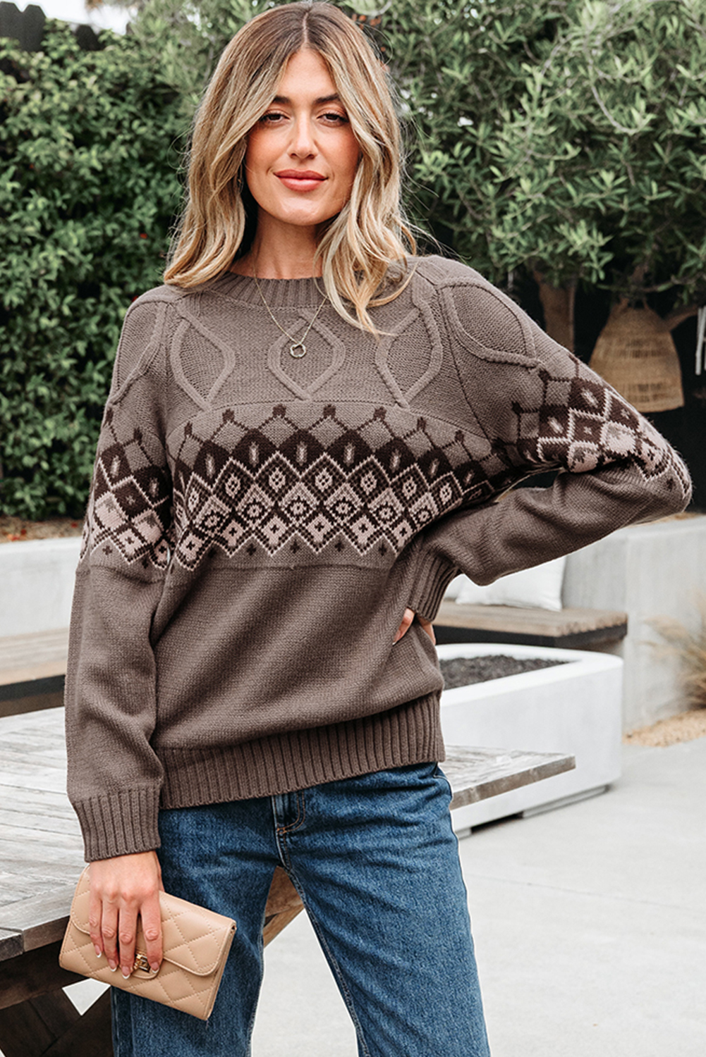 Light French Beige Western Geometric Patterned Crew Neck Knitted Sweater - loveforevers