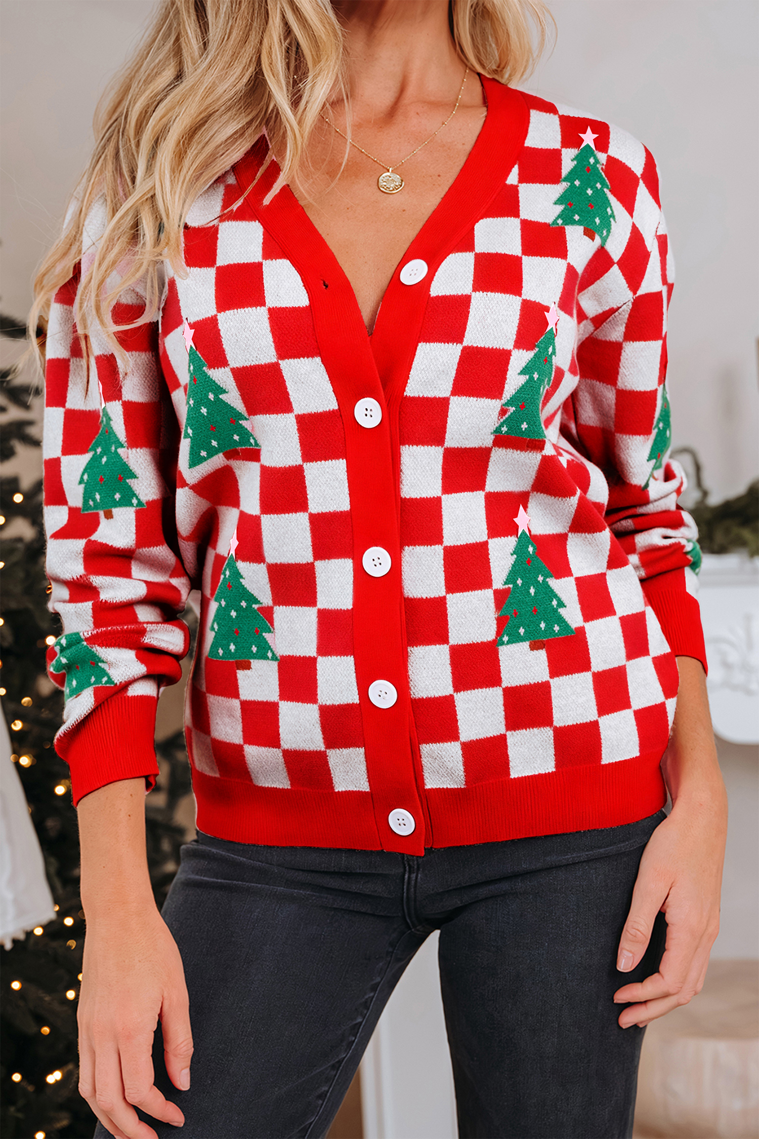 Pink Checkered Christmas Tree Pattern Button V Neck Cardigan Sweater - loveforevers
