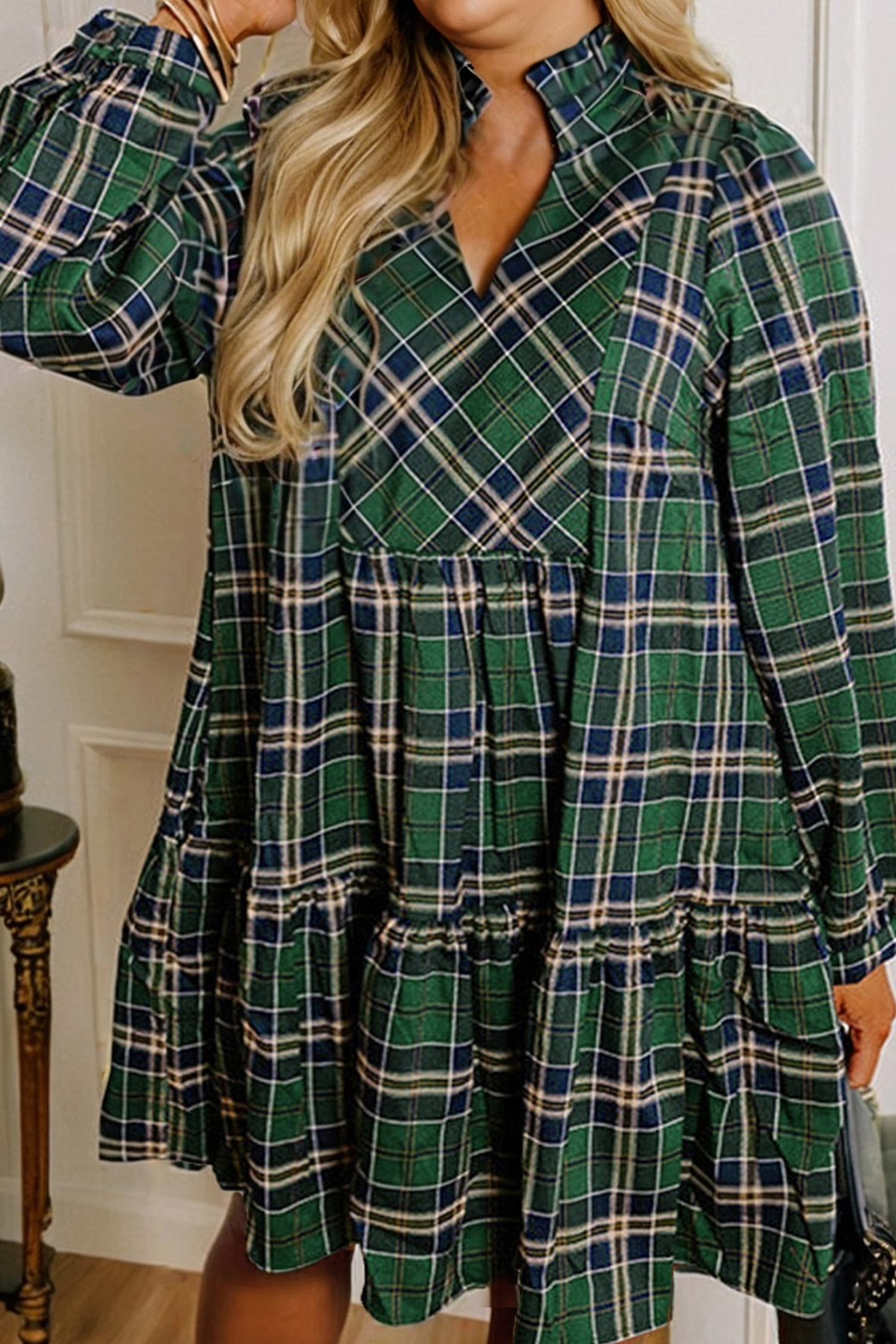 Green Plus Size Plaid Long Sleeve Notched Neck Shift Mini Dress - loveforevers