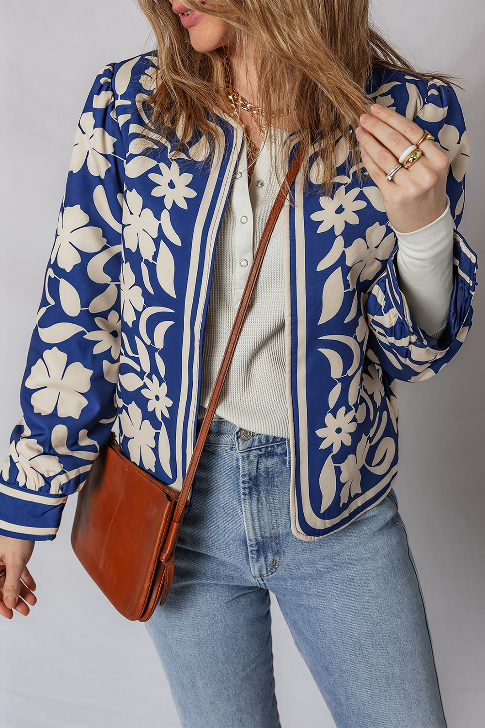 Blue Flower Print Open Front Buttoned Cuffs Elegant Jacket - loveforevers