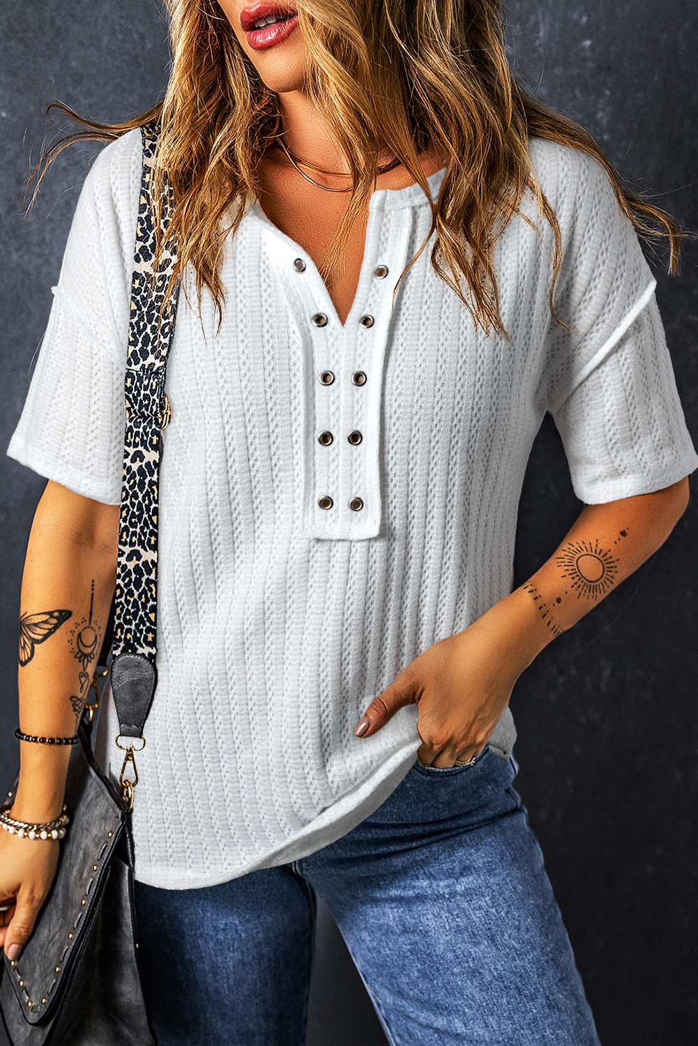 White Textured Hollow Grommet Placket Split Neck Short Sleeve Top - loveforevers
