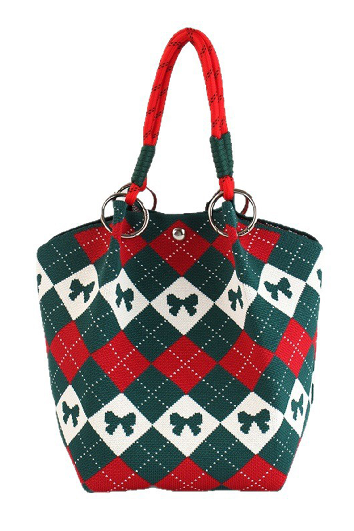 Fiery Red Retro Argyle Bow Printed Fashion Knit Bucket Bag - loveforevers