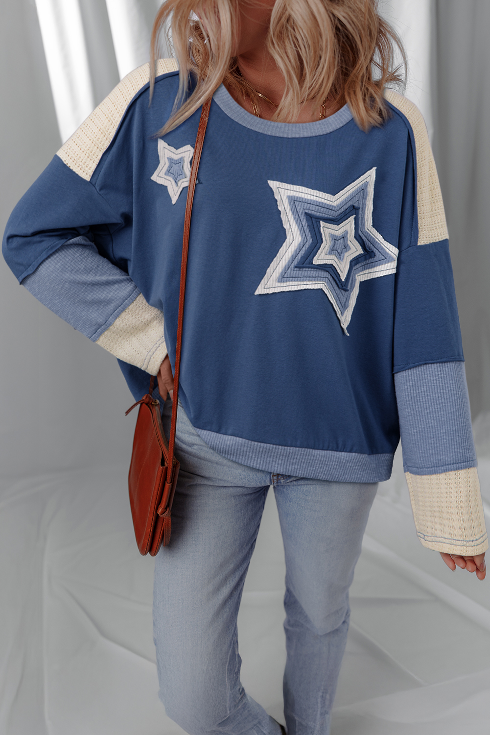 Dark Blue Contrast Knitted Colorblock Star Patchwork Oversize Long Sleeve Top - loveforevers