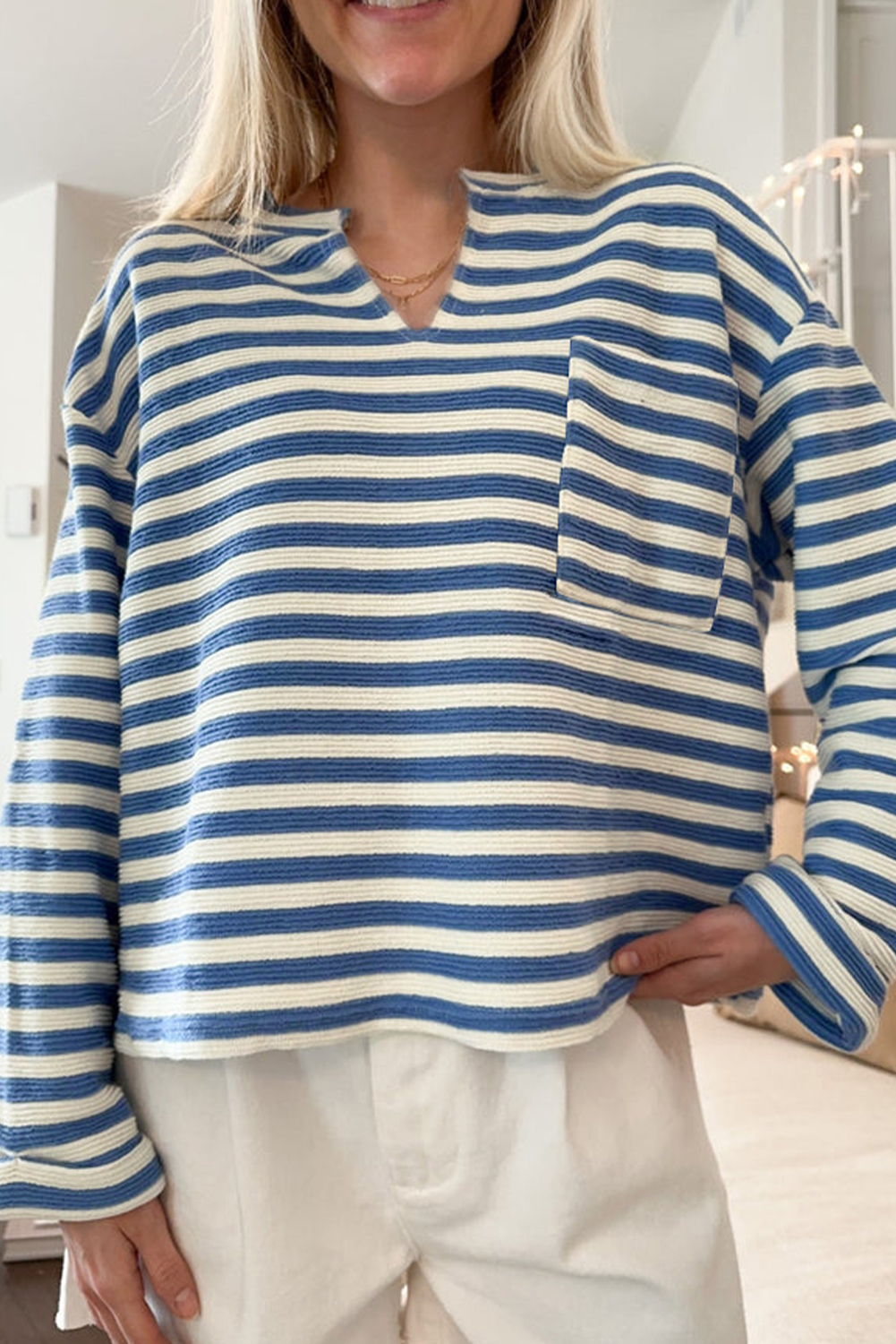 Sky Blue Stripe Chest Pocket Buttoned Back Notched V Neck Top - loveforevers