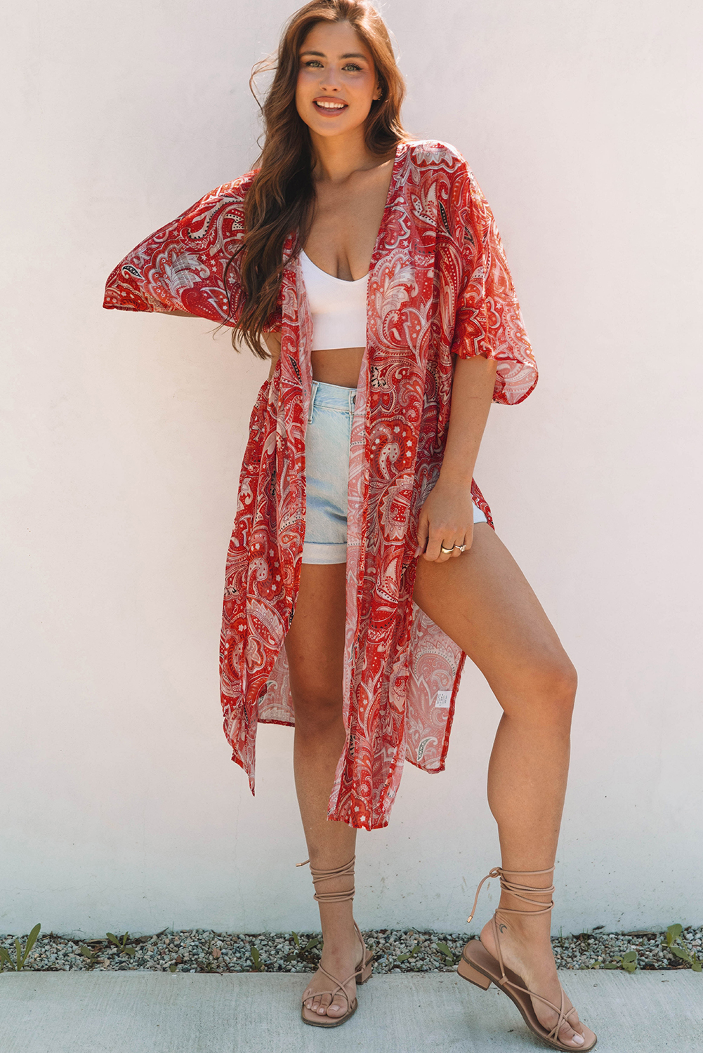 Red Floral Print Side Slit Open Front Long Kimono - loveforevers