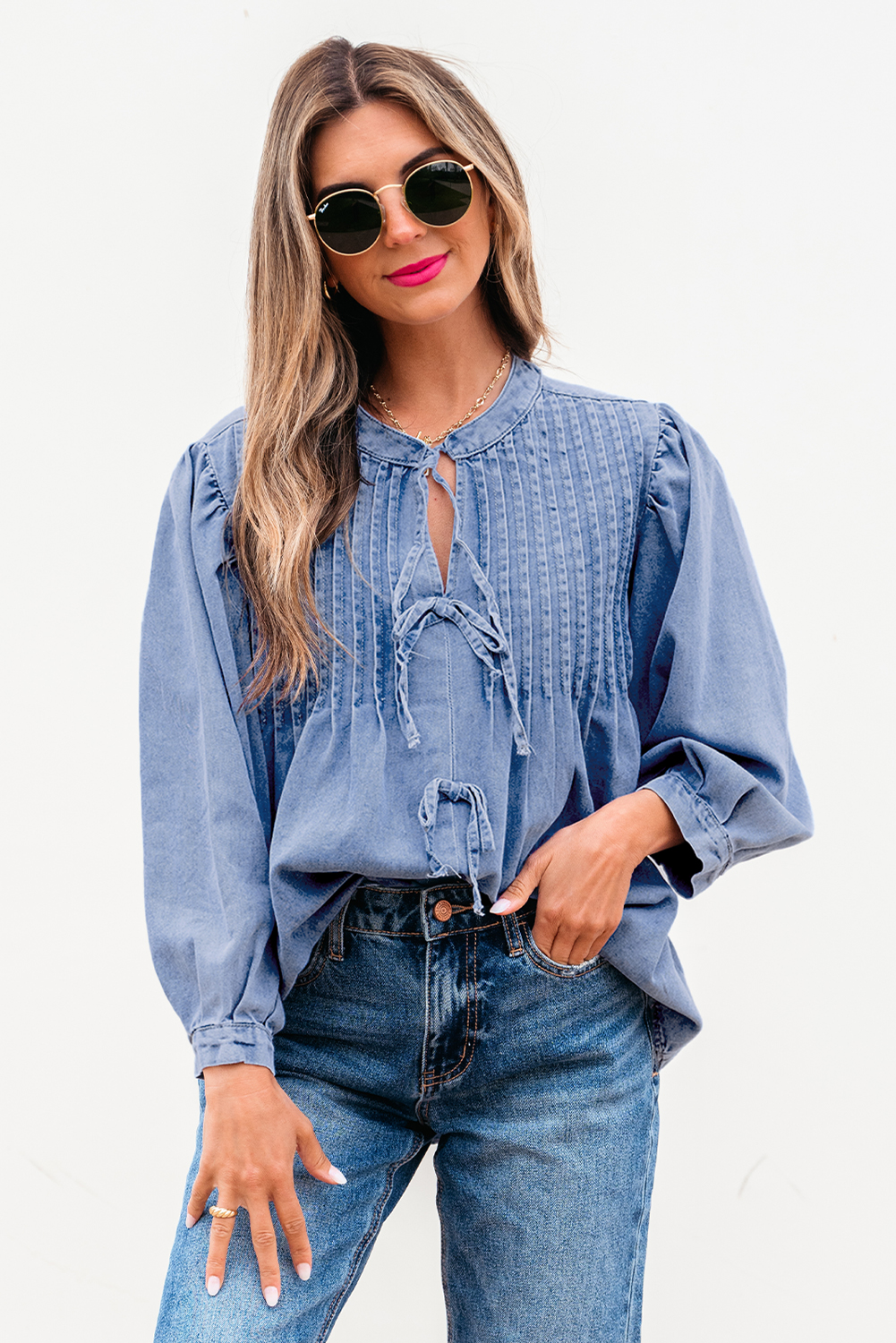 Myosotis Denim Front Pintuck Bow Tie Puff Sleeve Top - loveforevers