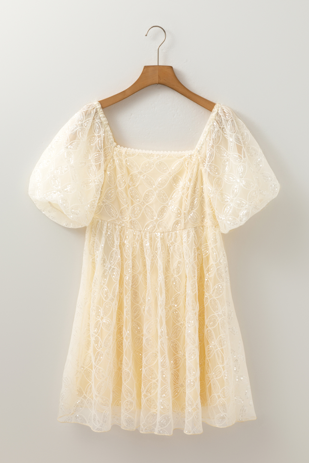 Apricot Sequined Lace Mesh Bubble Sleeve Square Neck Dress - loveforevers
