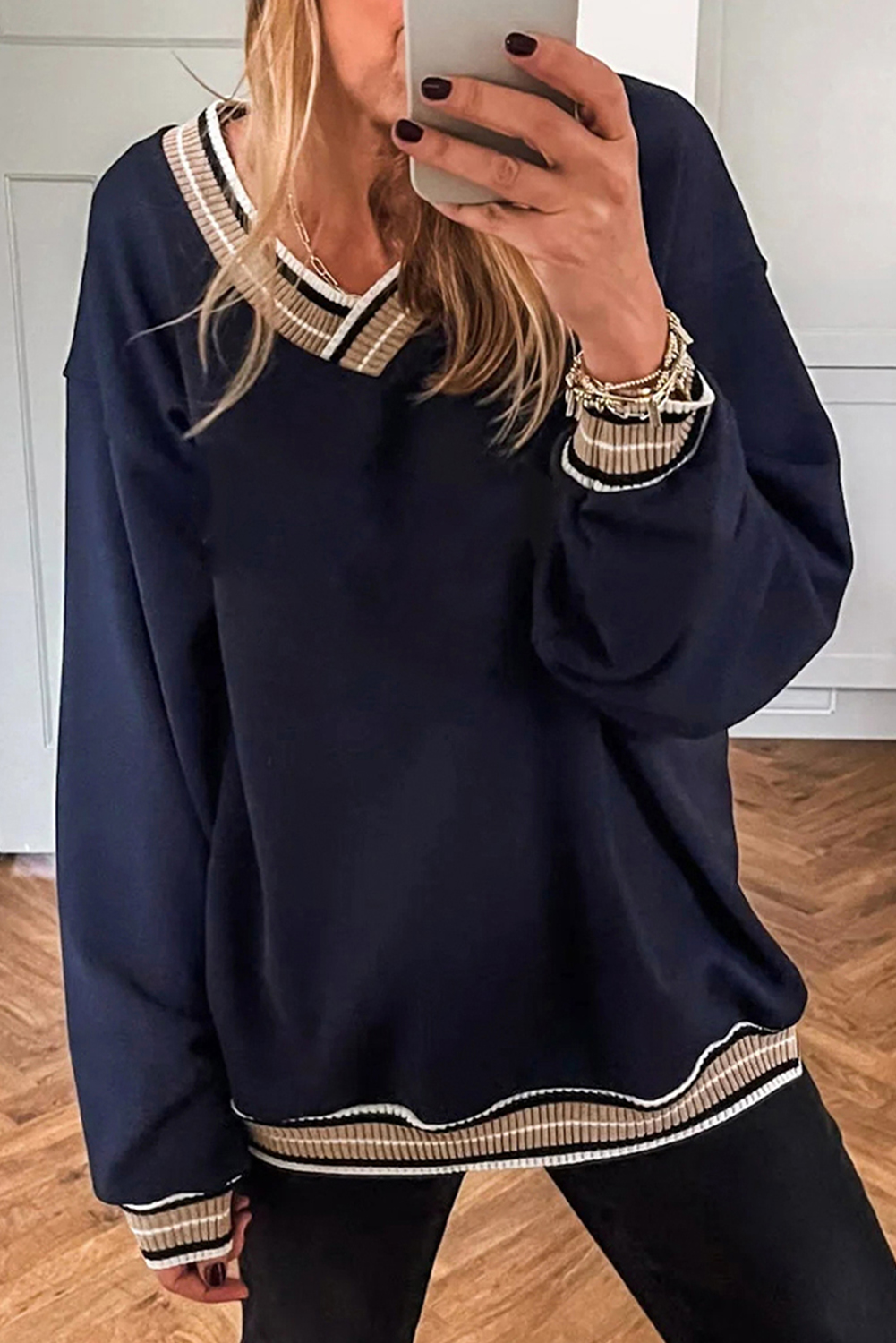 Gray Varsity Contrast Striped Trim V Neck Sweatshirt - loveforevers