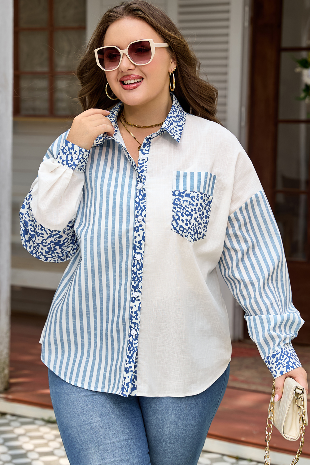 Sky Blue Leopard Striped Western Casual Shirt - loveforevers